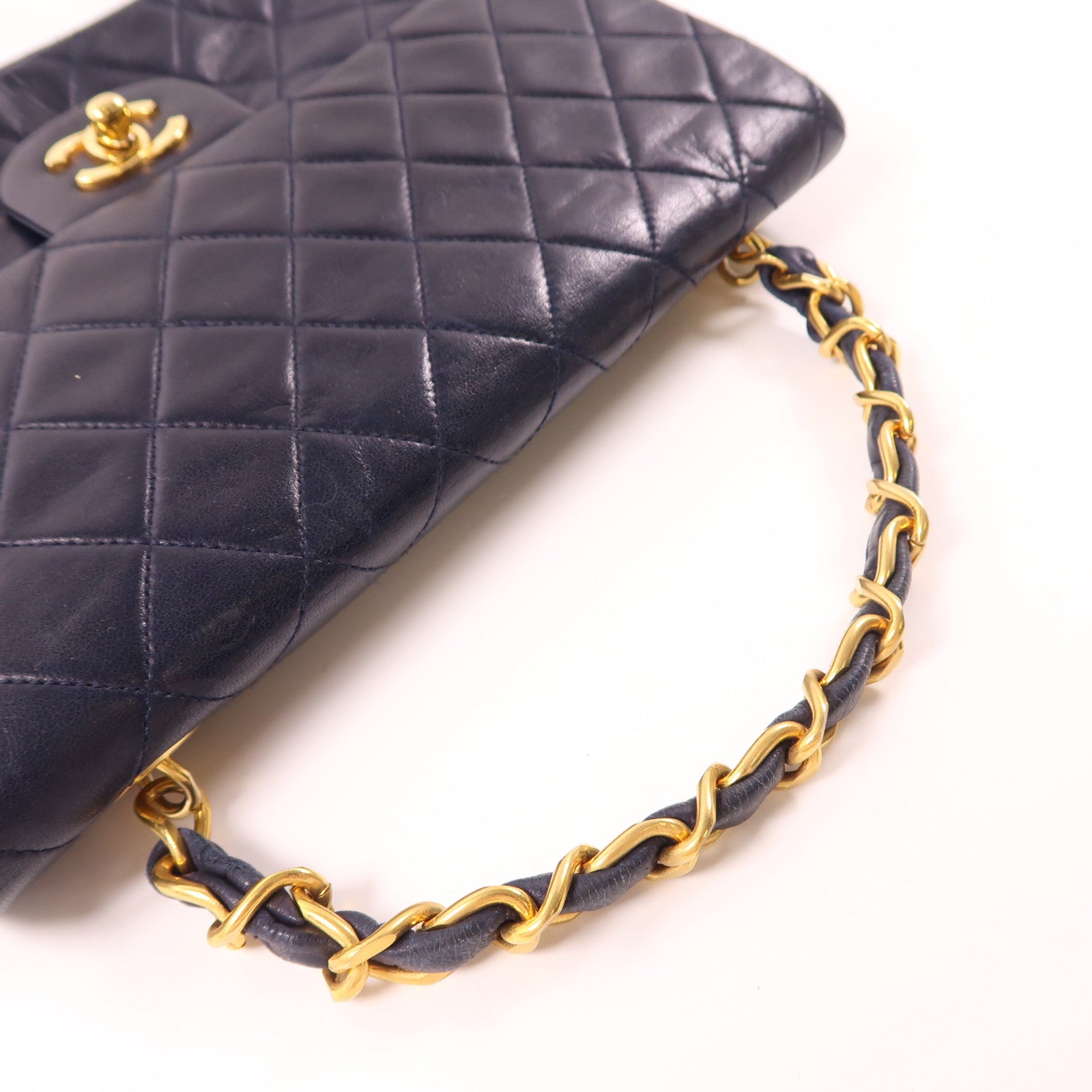 CHANEL 羊皮皮革Handbag金扣手挽袋深藍色