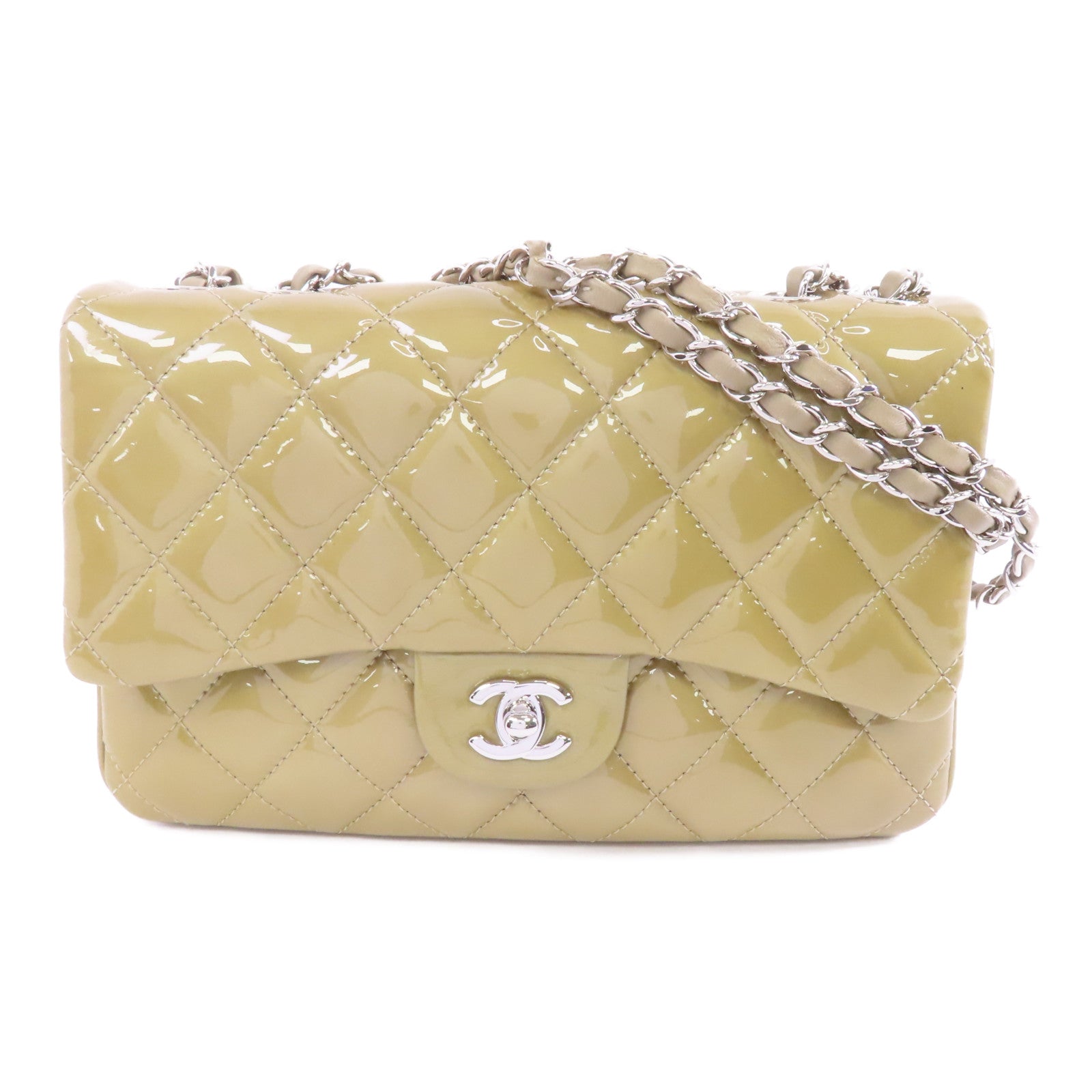 CHANEL 菱格漆皮皮革Chain Shoulder Bag銀扣鏈帶肩背袋米色