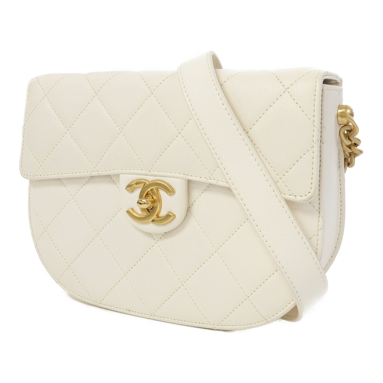 CHANEL Caviar皮革Chain Shoulder金扣鏈帶肩背袋白色