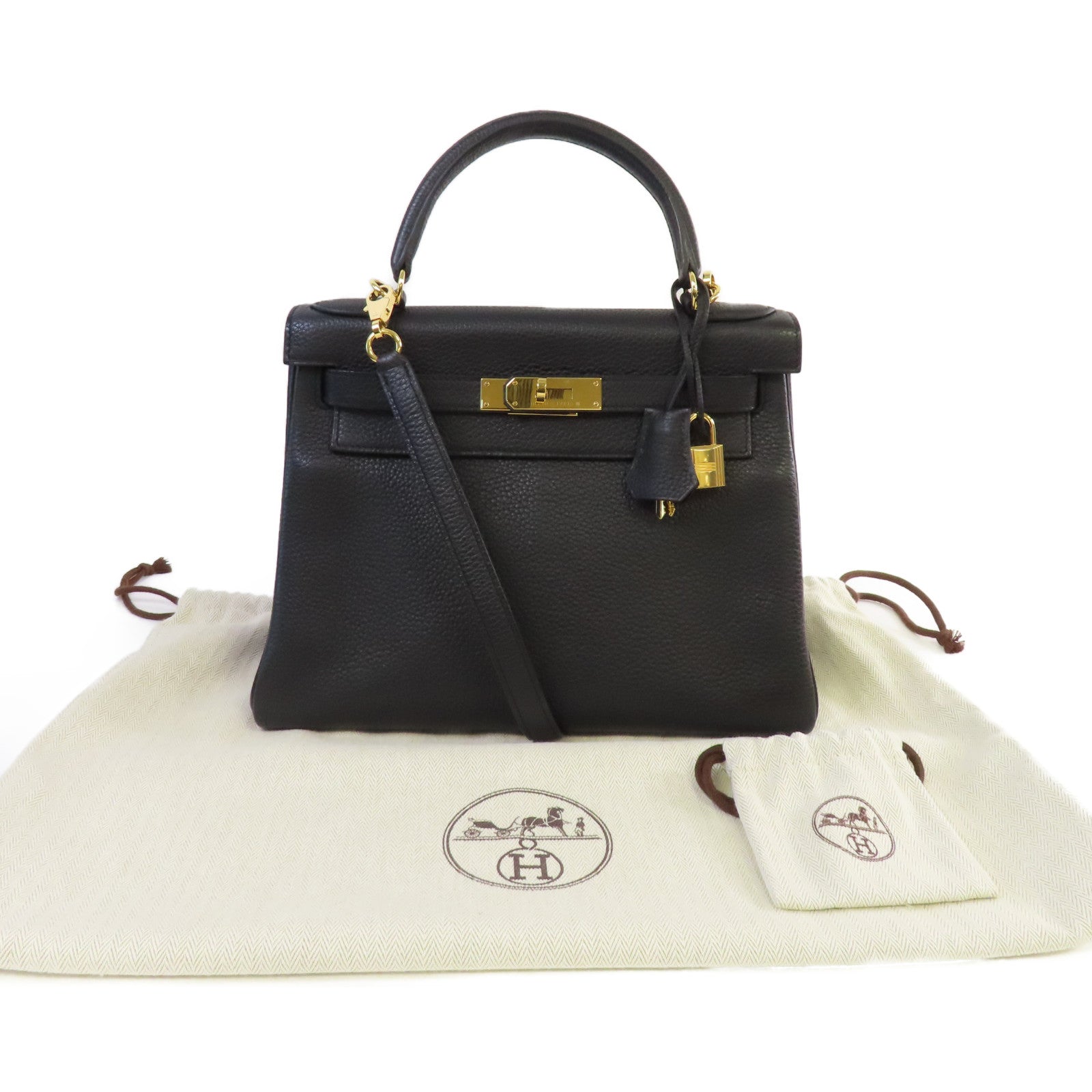 HERMES 【激減優惠】Clemence皮革Kelly 28 2Way Shoulder Bag金扣手挽肩背兩用袋89 Noir黑色