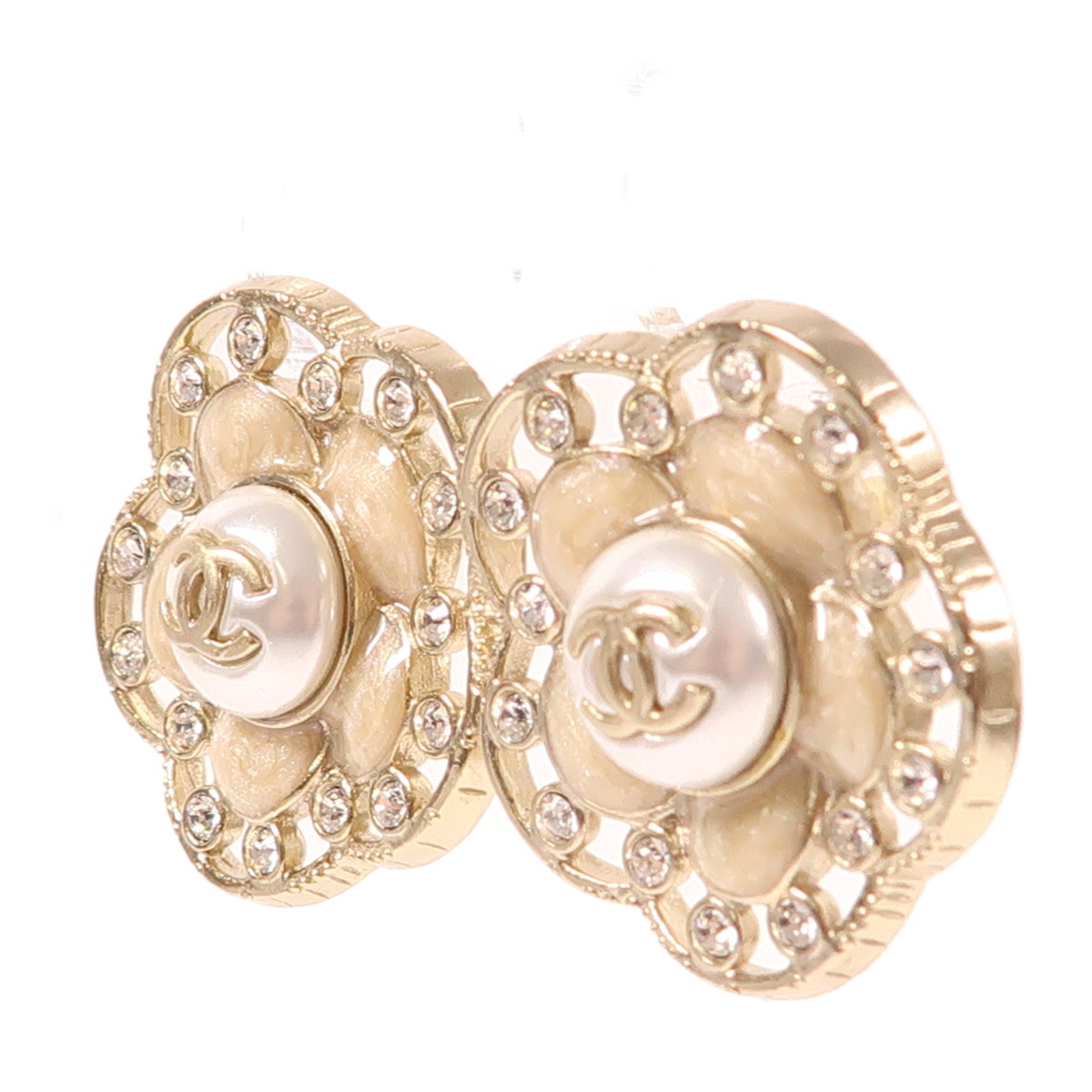 CHANEL CC Pierced Earring Metal Crystal PVC Gold White
