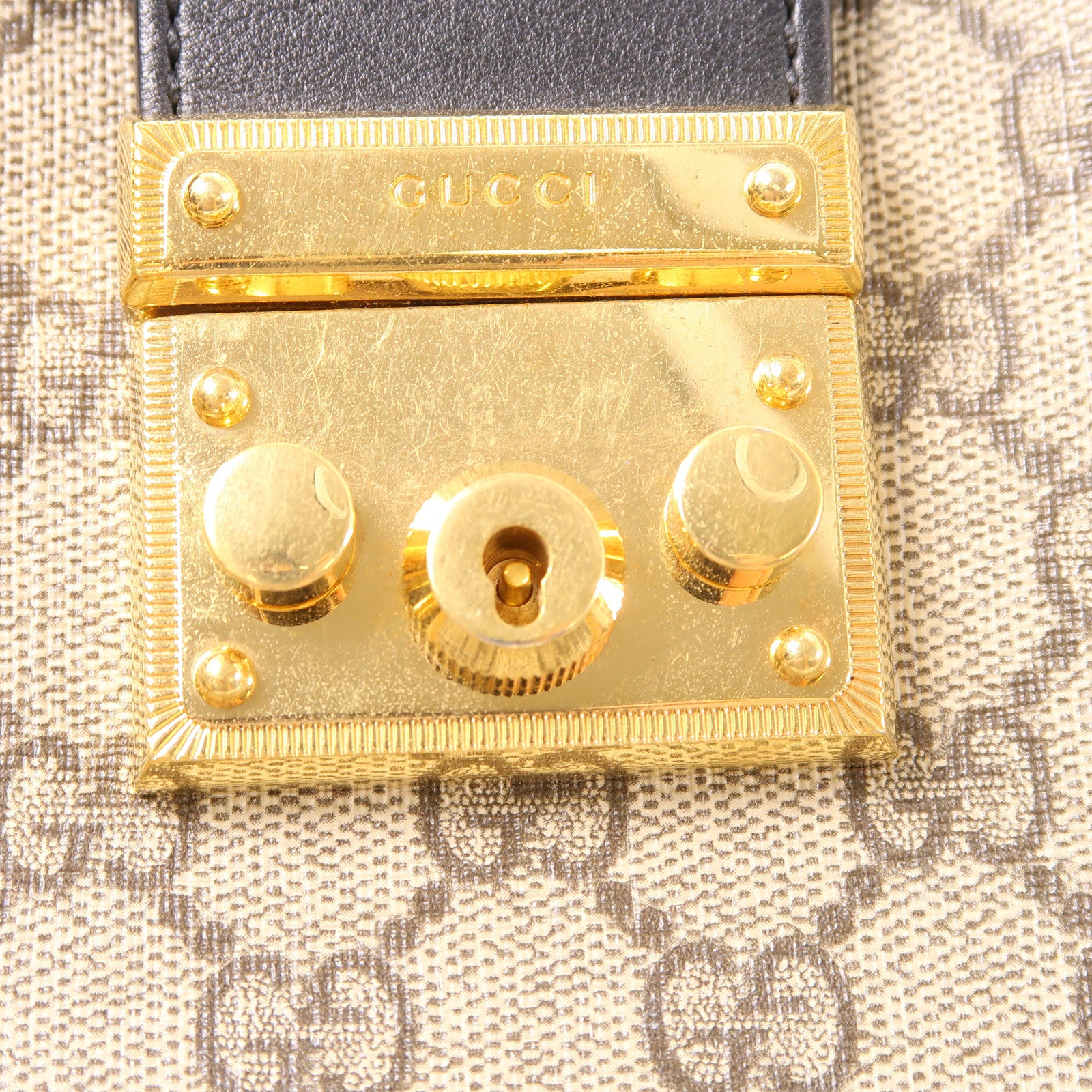 GUCCI 塗層帆布Padlock金扣肩背袋啡色/黑色