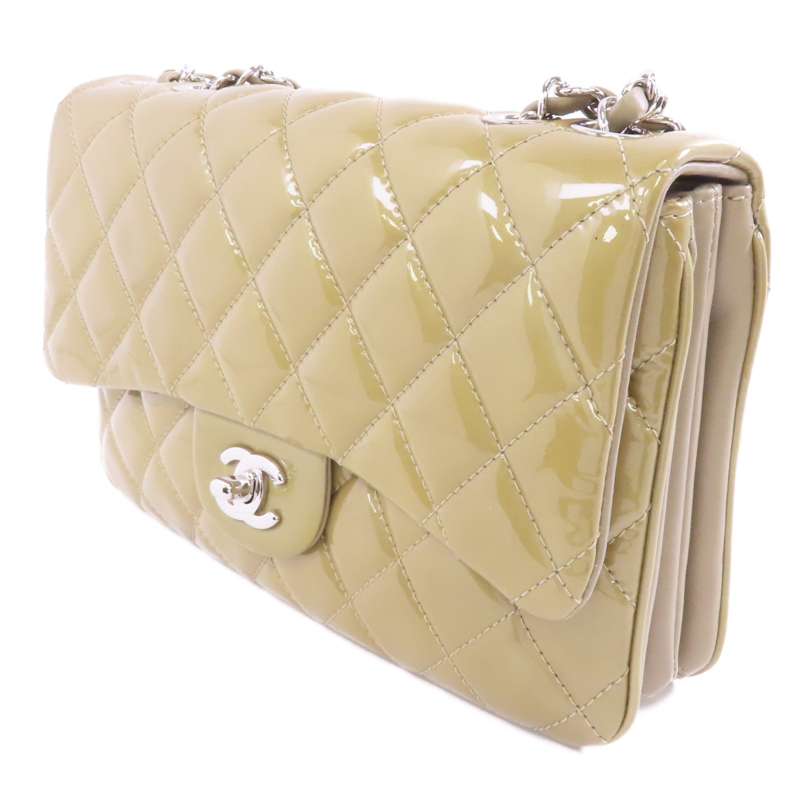 CHANEL 菱格漆皮皮革Chain Shoulder Bag銀扣鏈帶肩背袋米色
