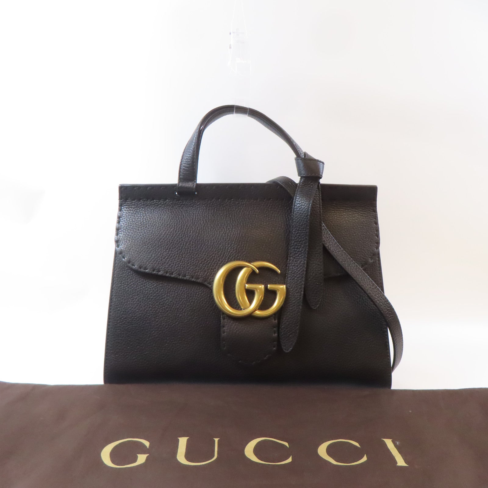 GUCCI 牛皮皮革GG Marmont金扣手挽肩背兩用袋黑色