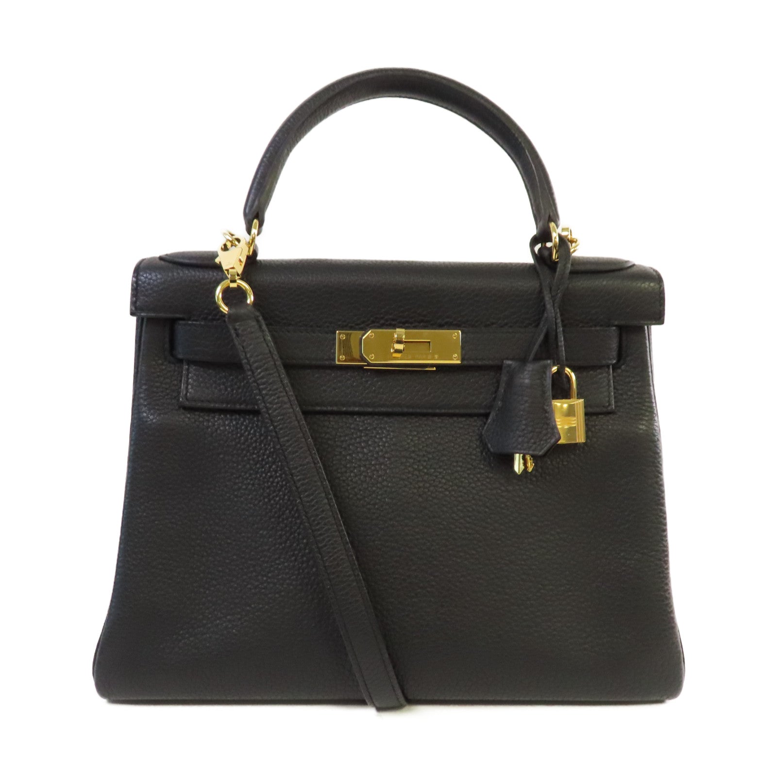 HERMES 【激減優惠】Clemence皮革Kelly 28 2Way Shoulder Bag金扣手挽肩背兩用袋89 Noir黑色