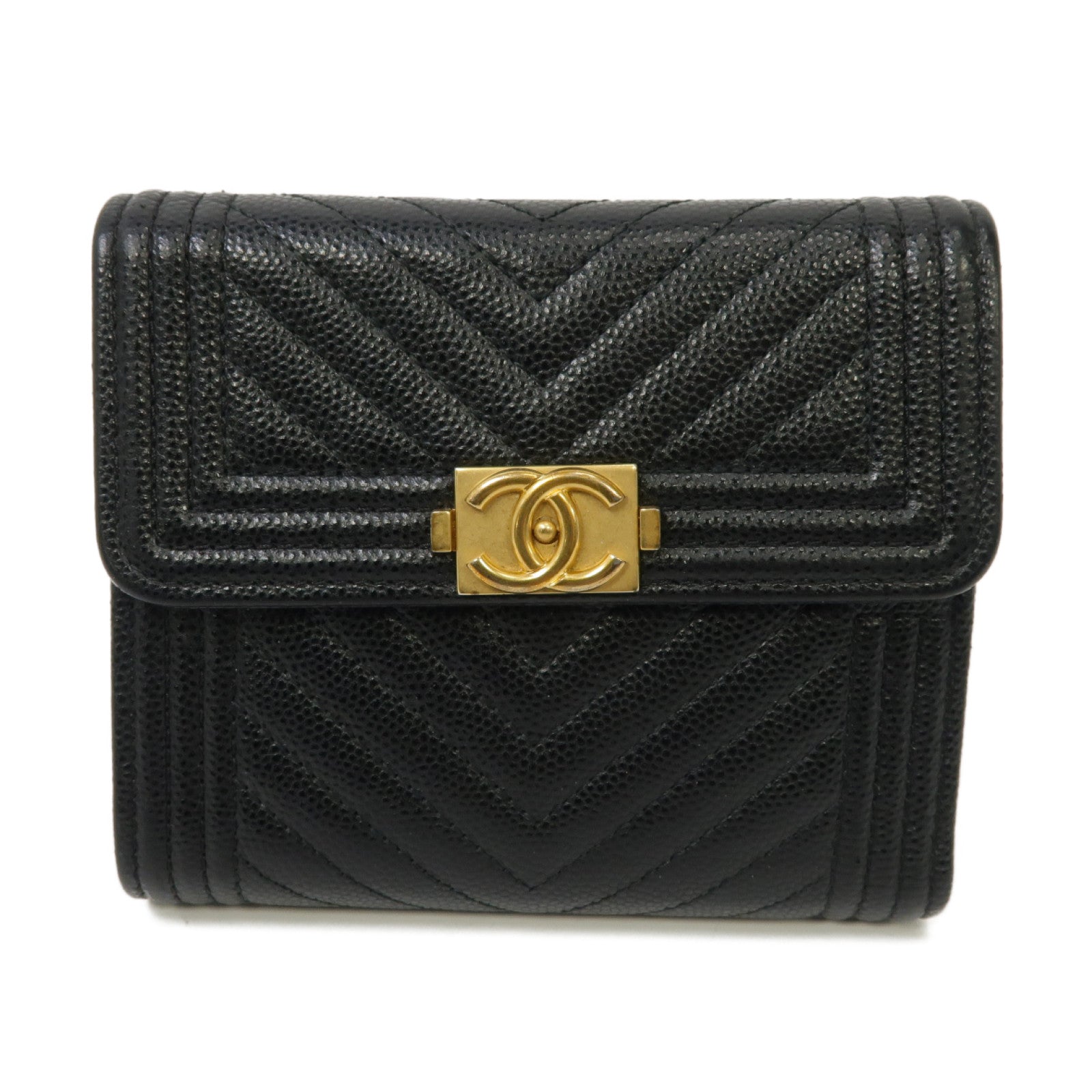 CHANEL 斜紋Caviar皮革Boy Wallet金扣折叠钱包黑色
