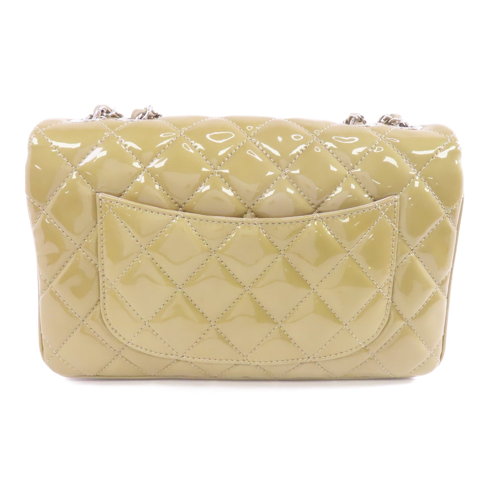 CHANEL 菱格漆皮皮革Chain Shoulder Bag銀扣鏈帶肩背袋米色