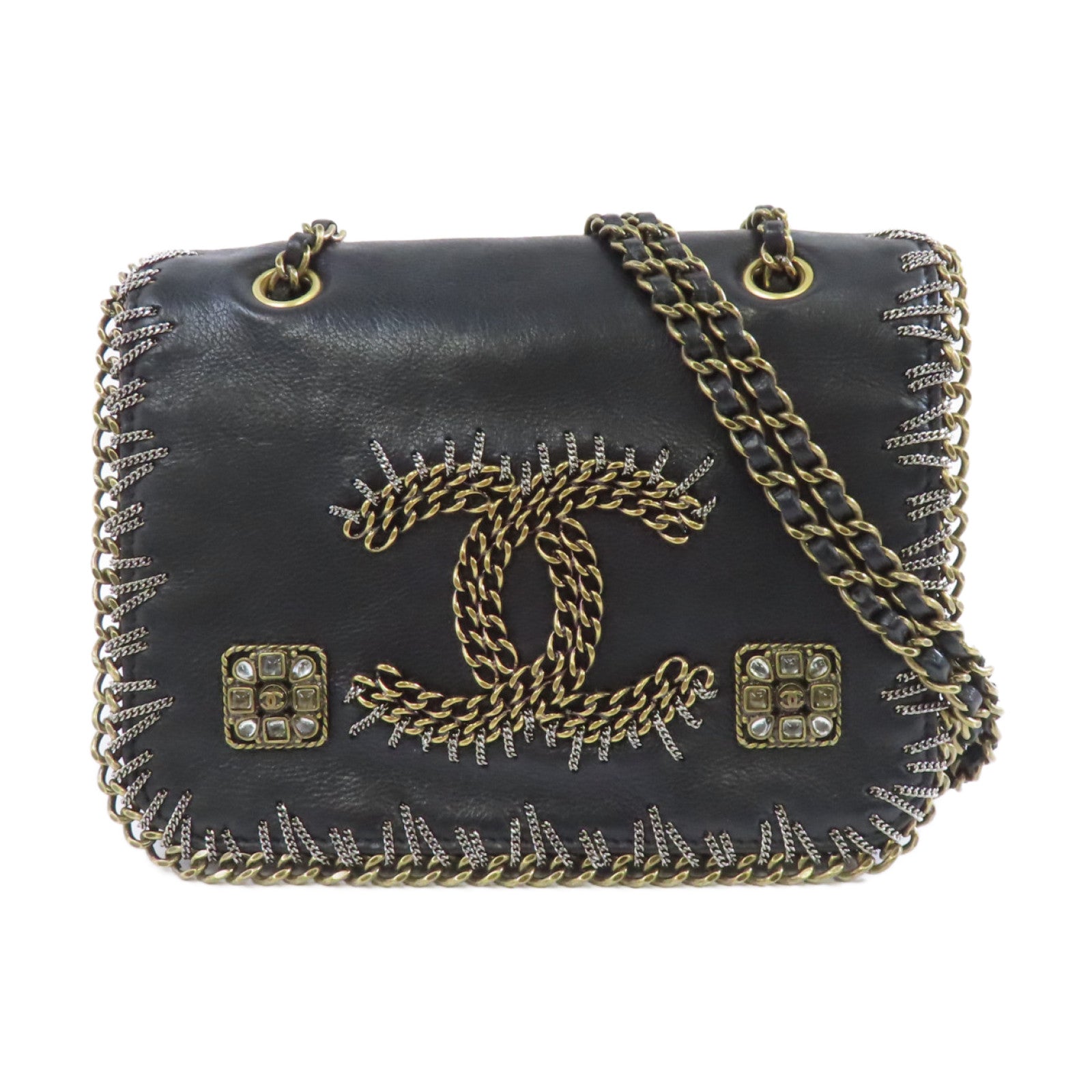 CHANEL 牛皮皮革Chain Shoulder金扣肩背袋黑色