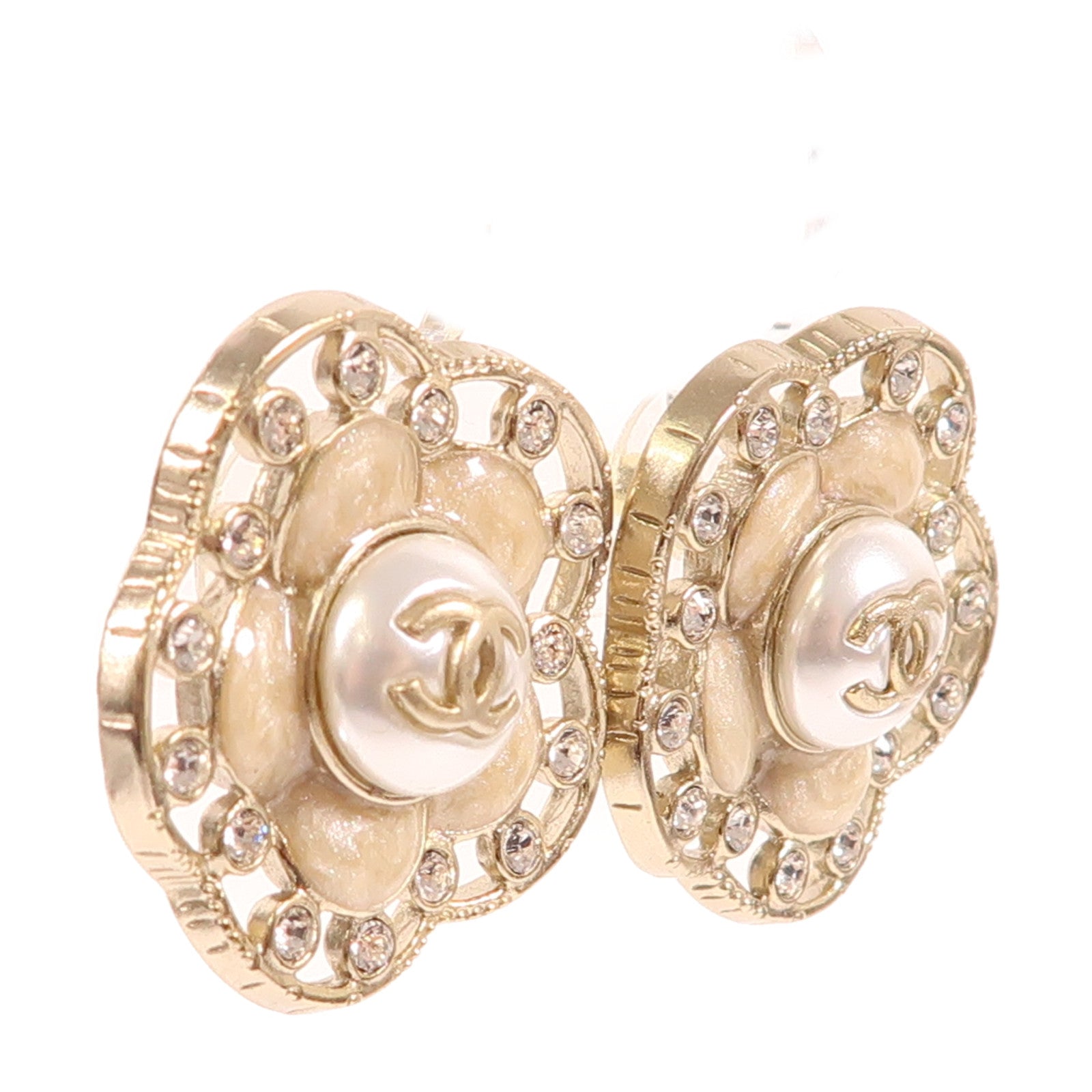 CHANEL CC Pierced Earring Metal Crystal PVC Gold White