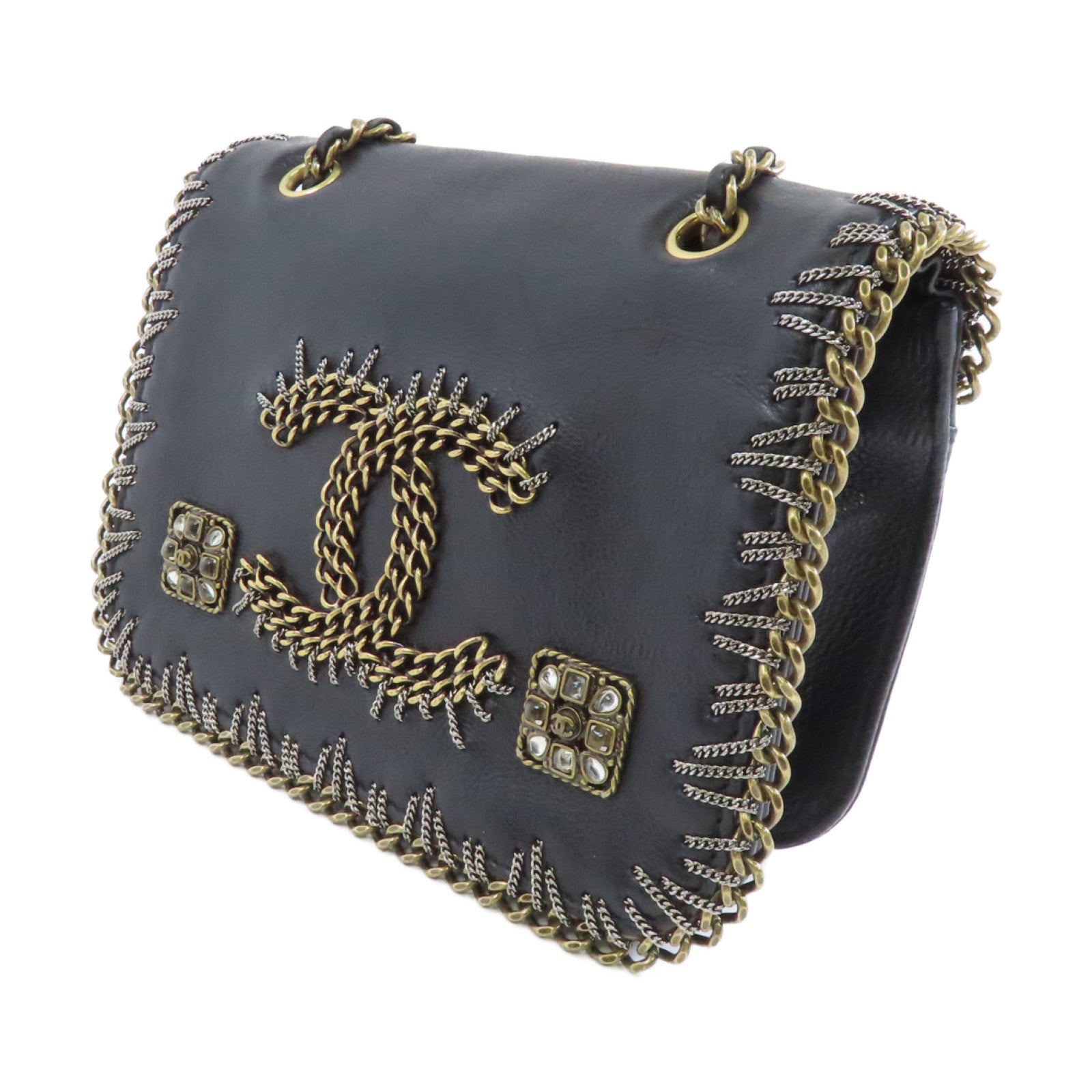 CHANEL 牛皮皮革Chain Shoulder金扣肩背袋黑色