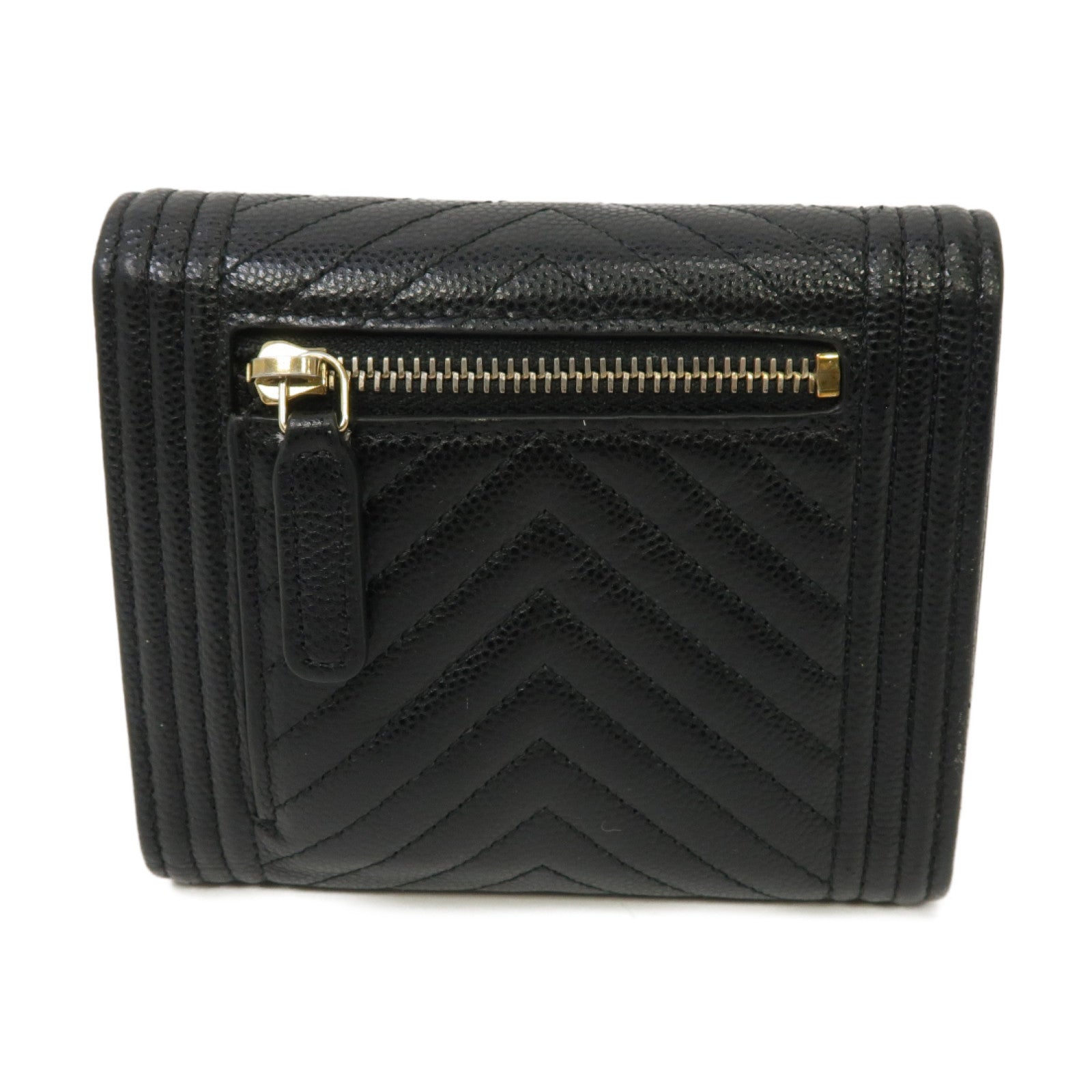 CHANEL 斜紋Caviar皮革Boy Wallet金扣折叠钱包黑色