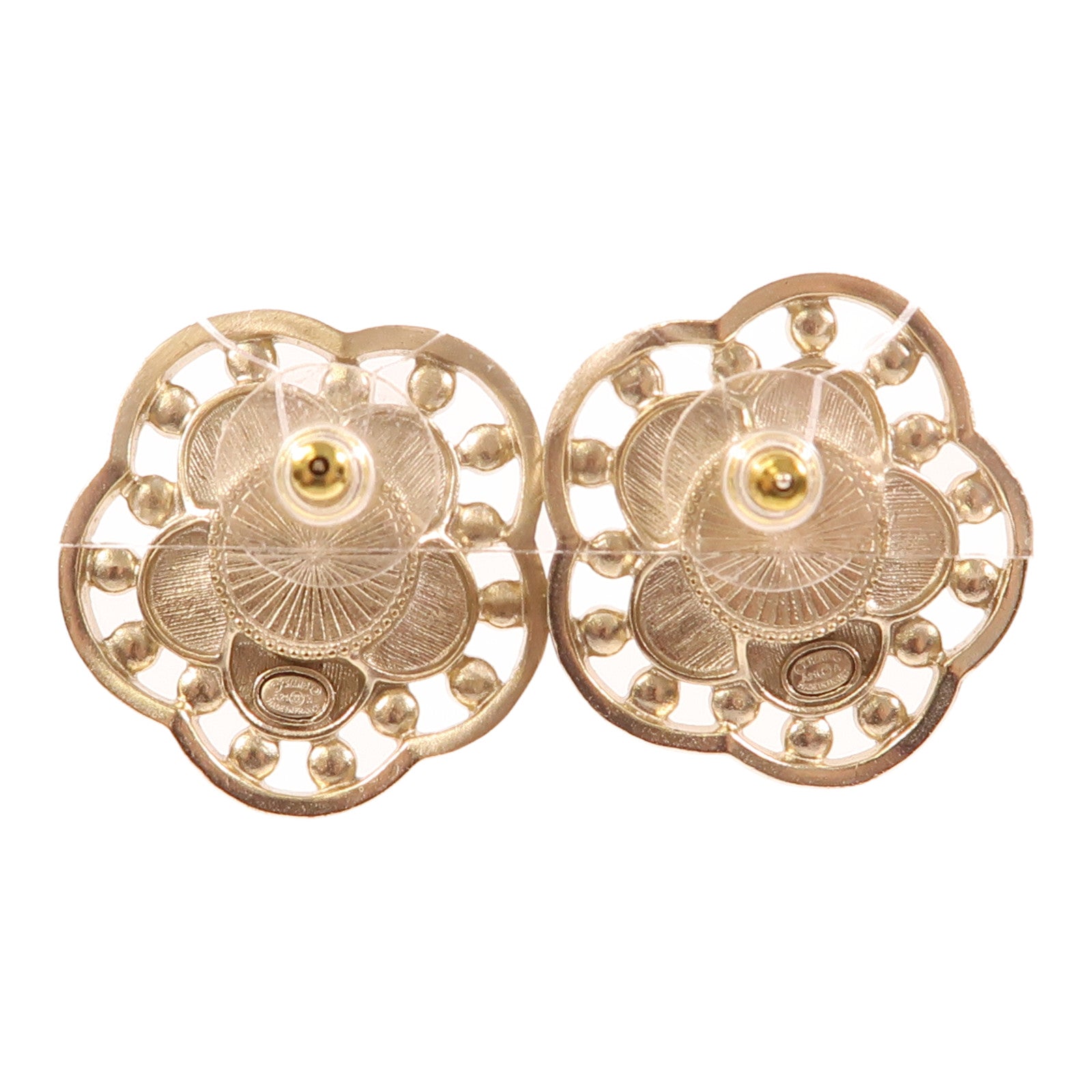 CHANEL CC Pierced Earring Metal Crystal PVC Gold White