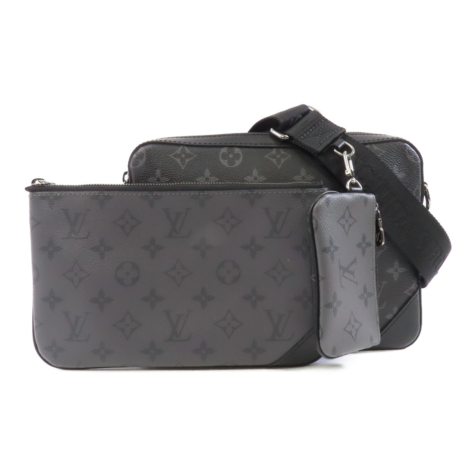 LOUIS VUITTON Monogram Eclipse Trio  Messenger銀扣肩背袋黑色