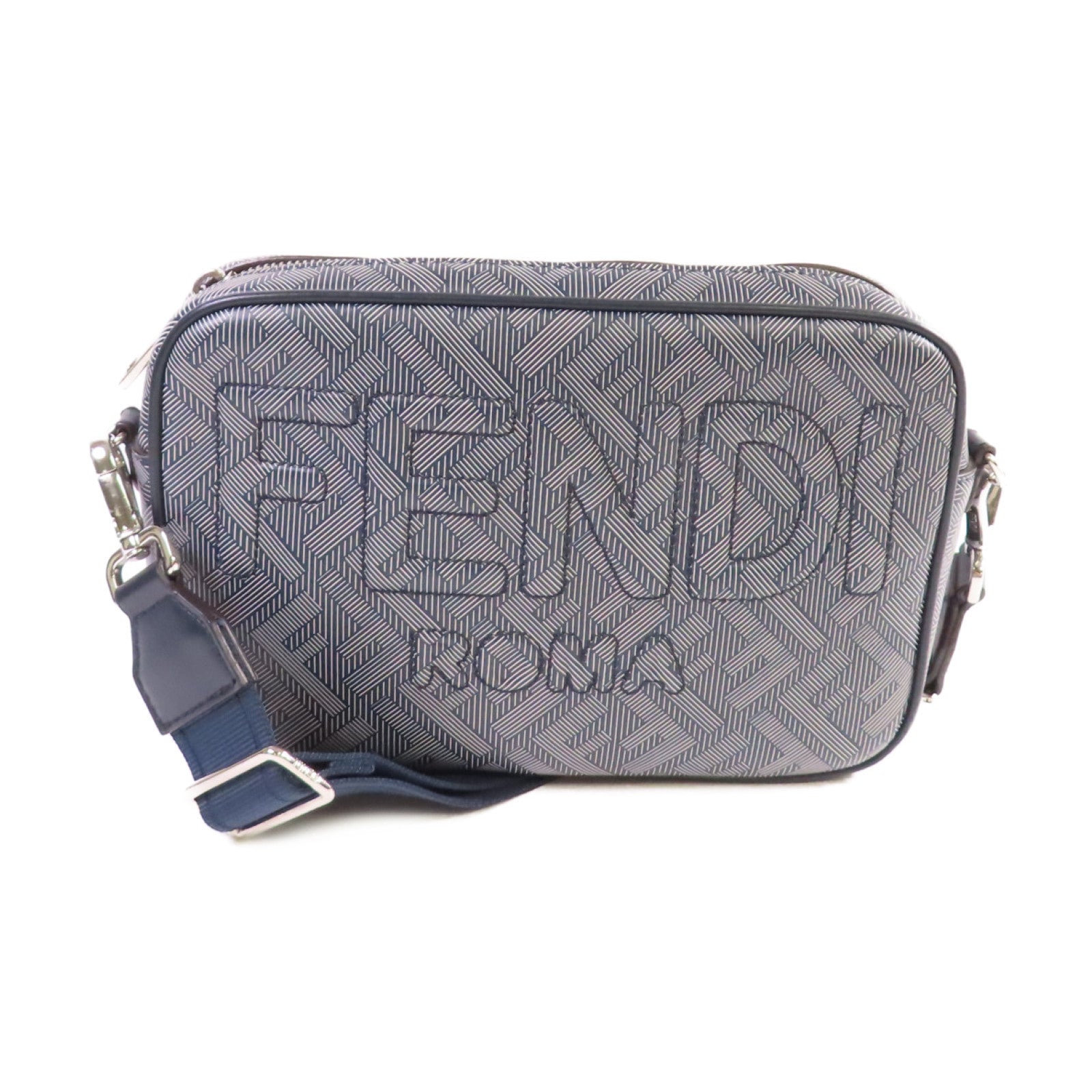 FENDI 塗層帆布Camera Shoulder Bag銀扣肩背袋碳灰色/藍色