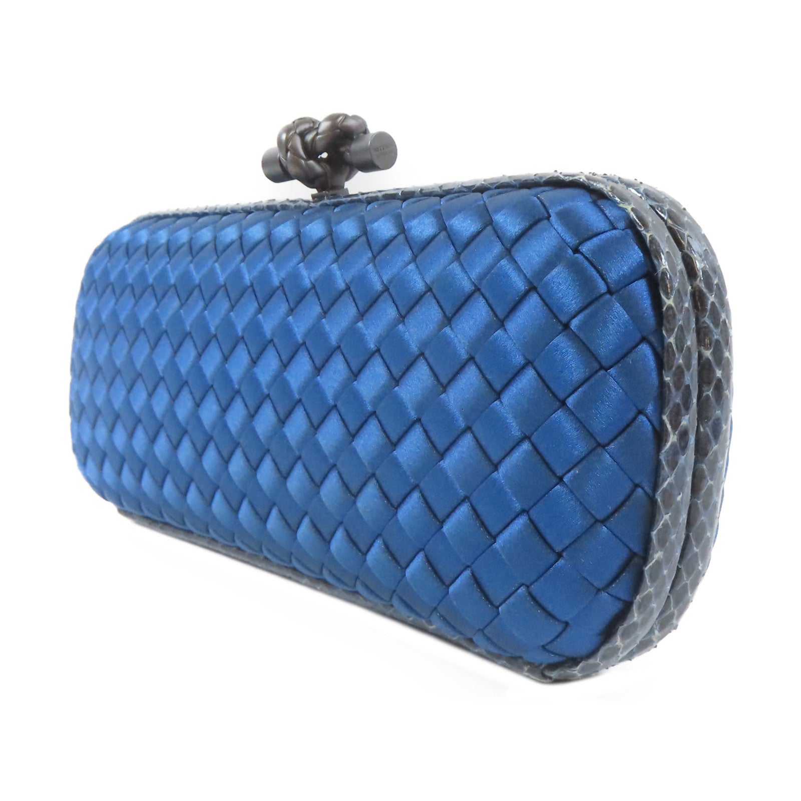 BOTTEGA VENETA 緞布/蛇皮皮革Clutch Bag黑扣手拿包藍色