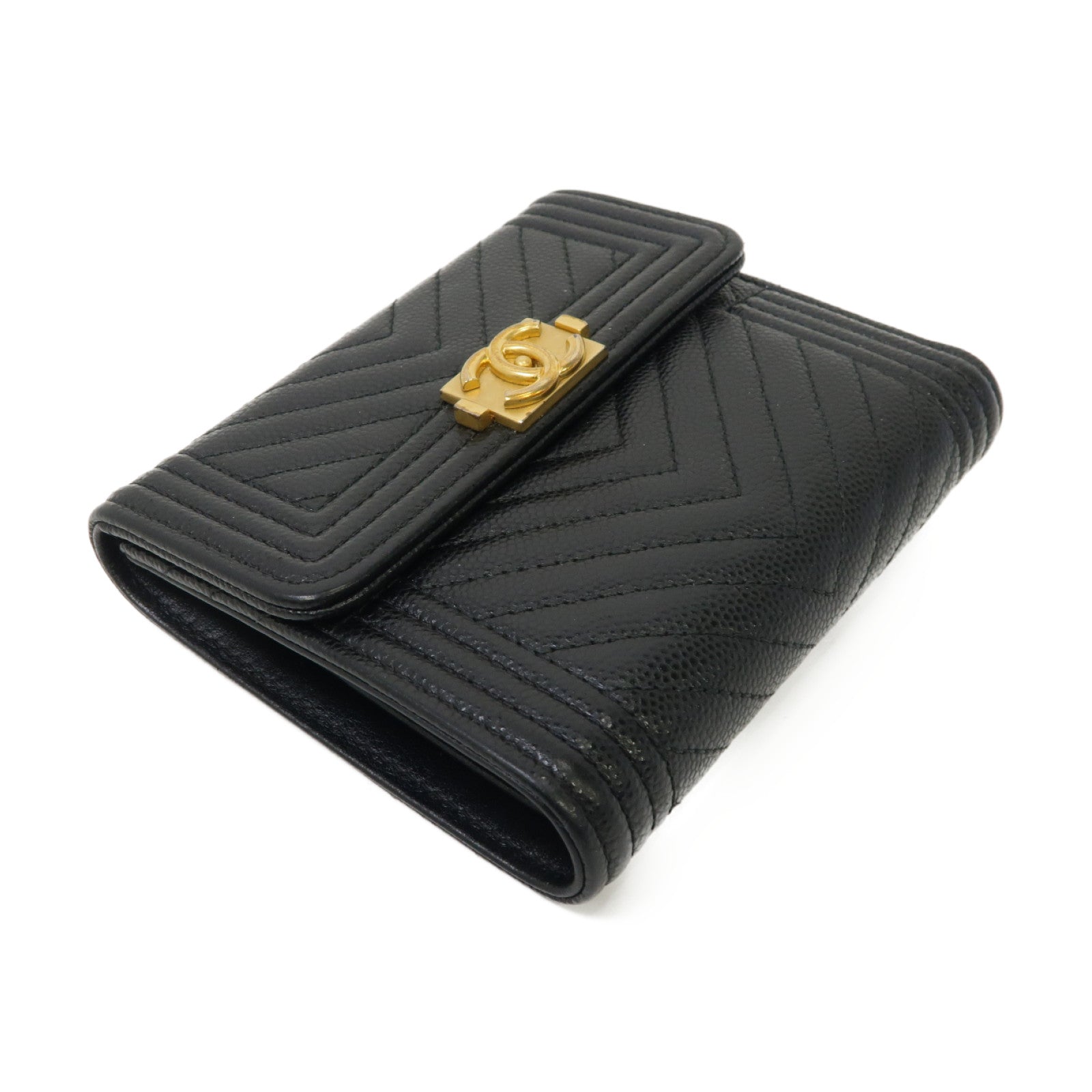 CHANEL 斜紋Caviar皮革Boy Wallet金扣折叠钱包黑色