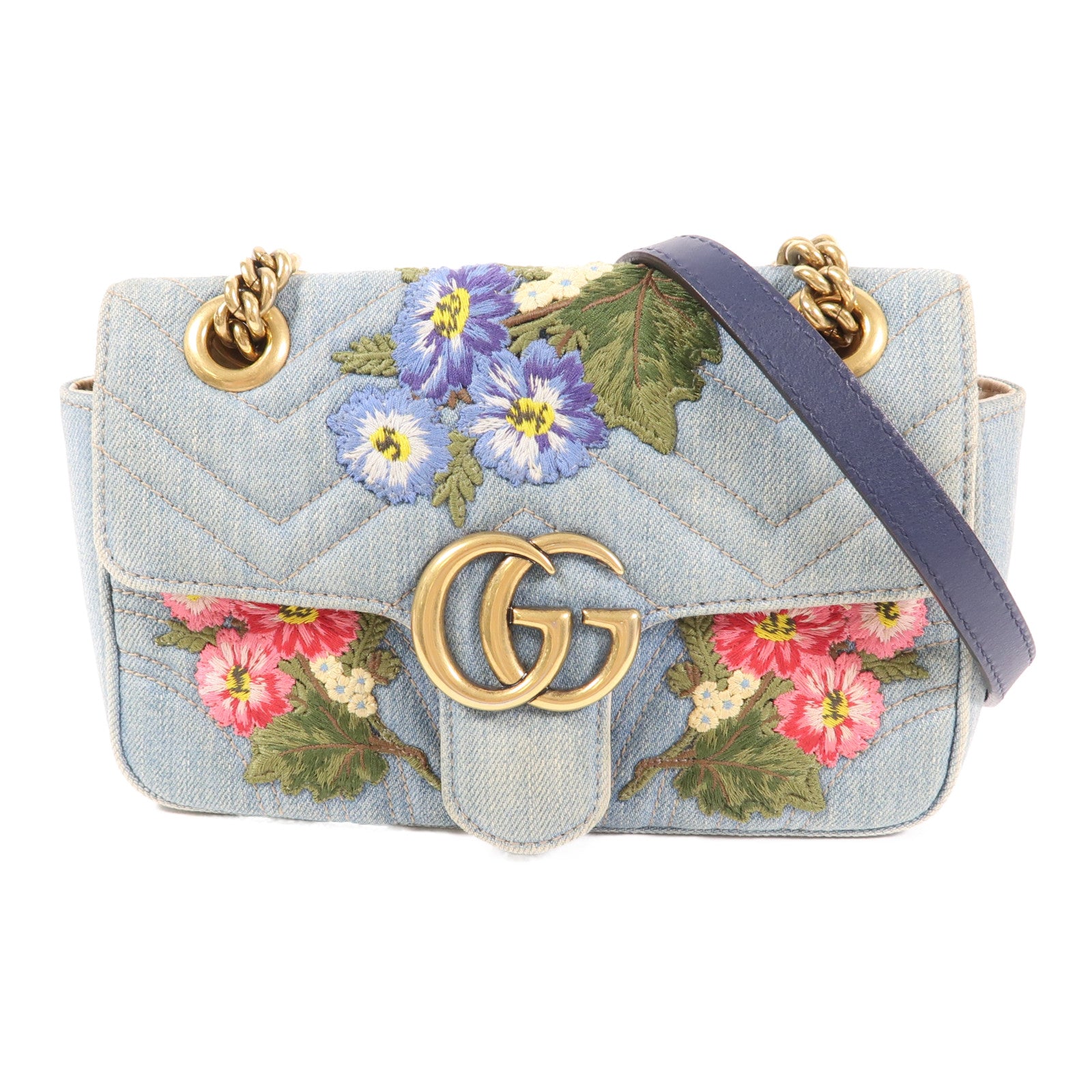 GUCCI 牛仔布Mini GG Marmont金扣鏈帶肩背袋