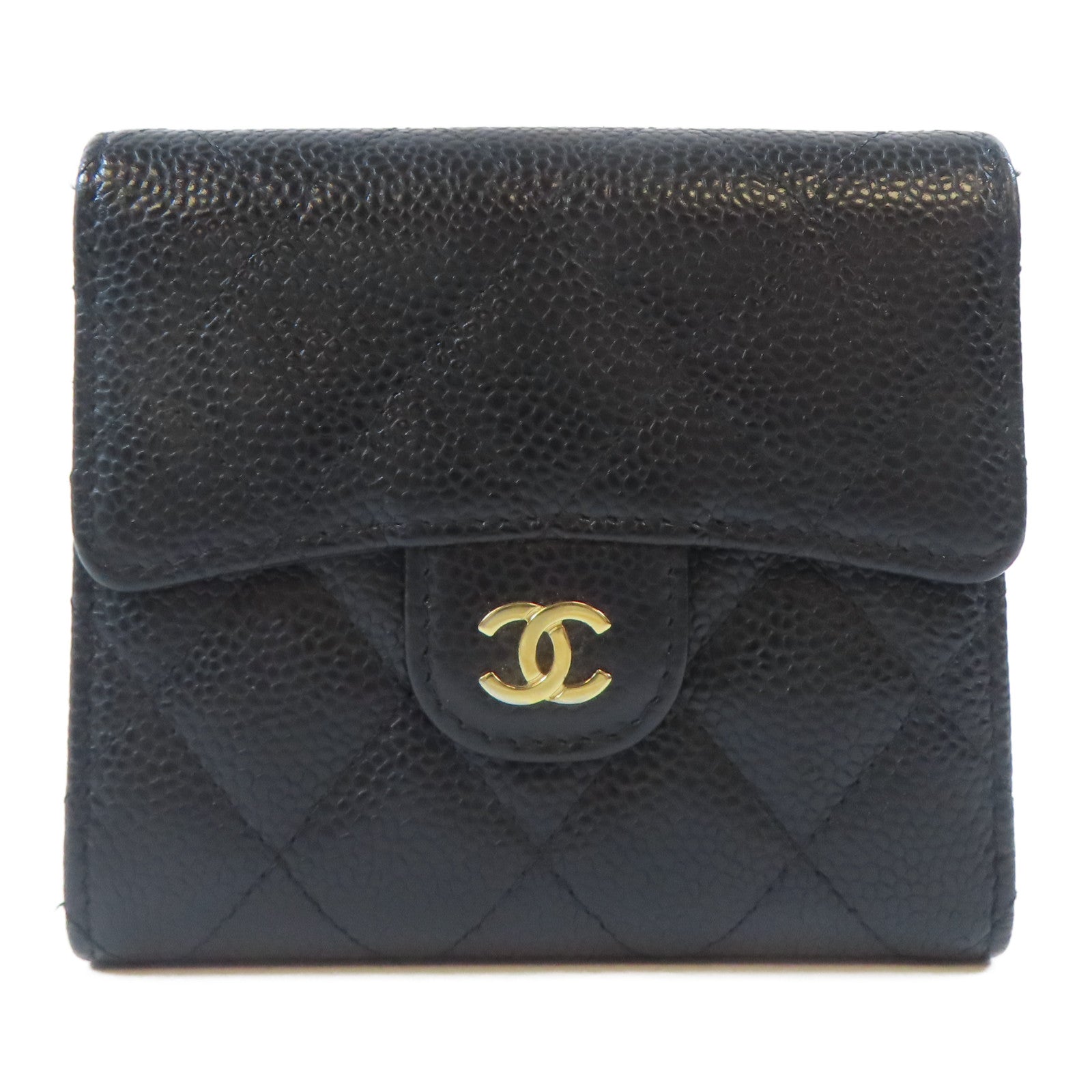 CHANEL 菱格Caviar皮革Trifold Wallet金扣錢包黑色