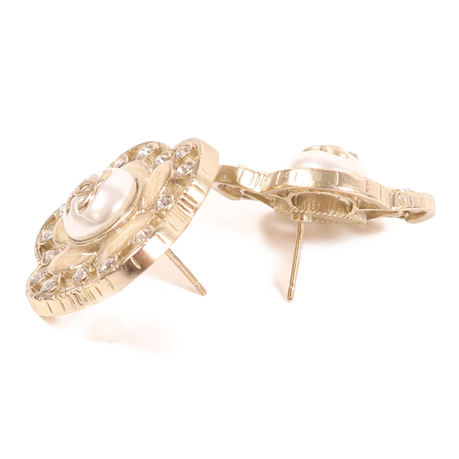 CHANEL CC Pierced Earring Metal Crystal PVC Gold White