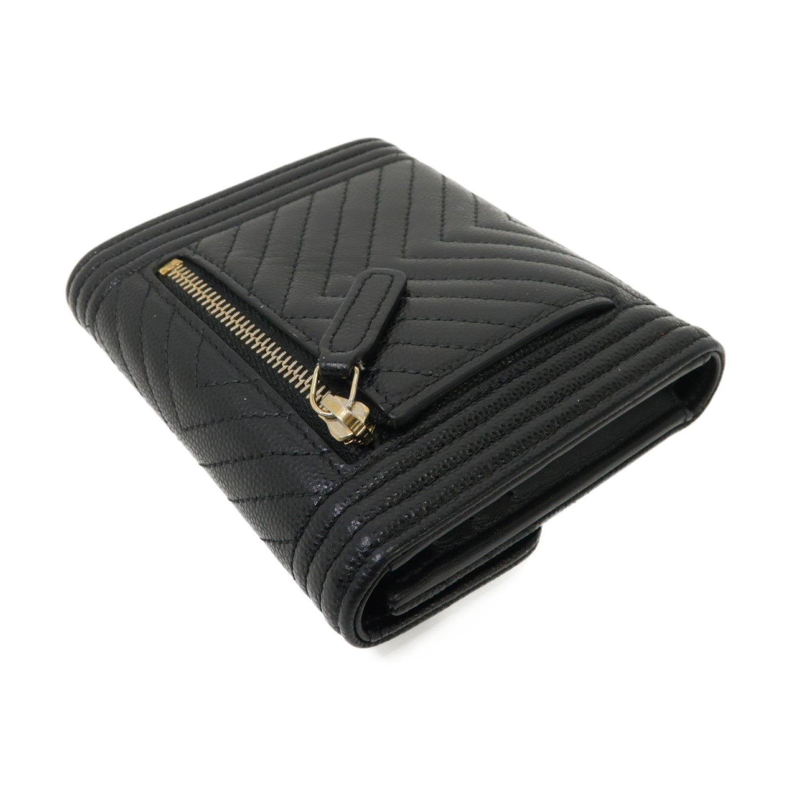 CHANEL 斜紋Caviar皮革Boy Wallet金扣折叠钱包黑色