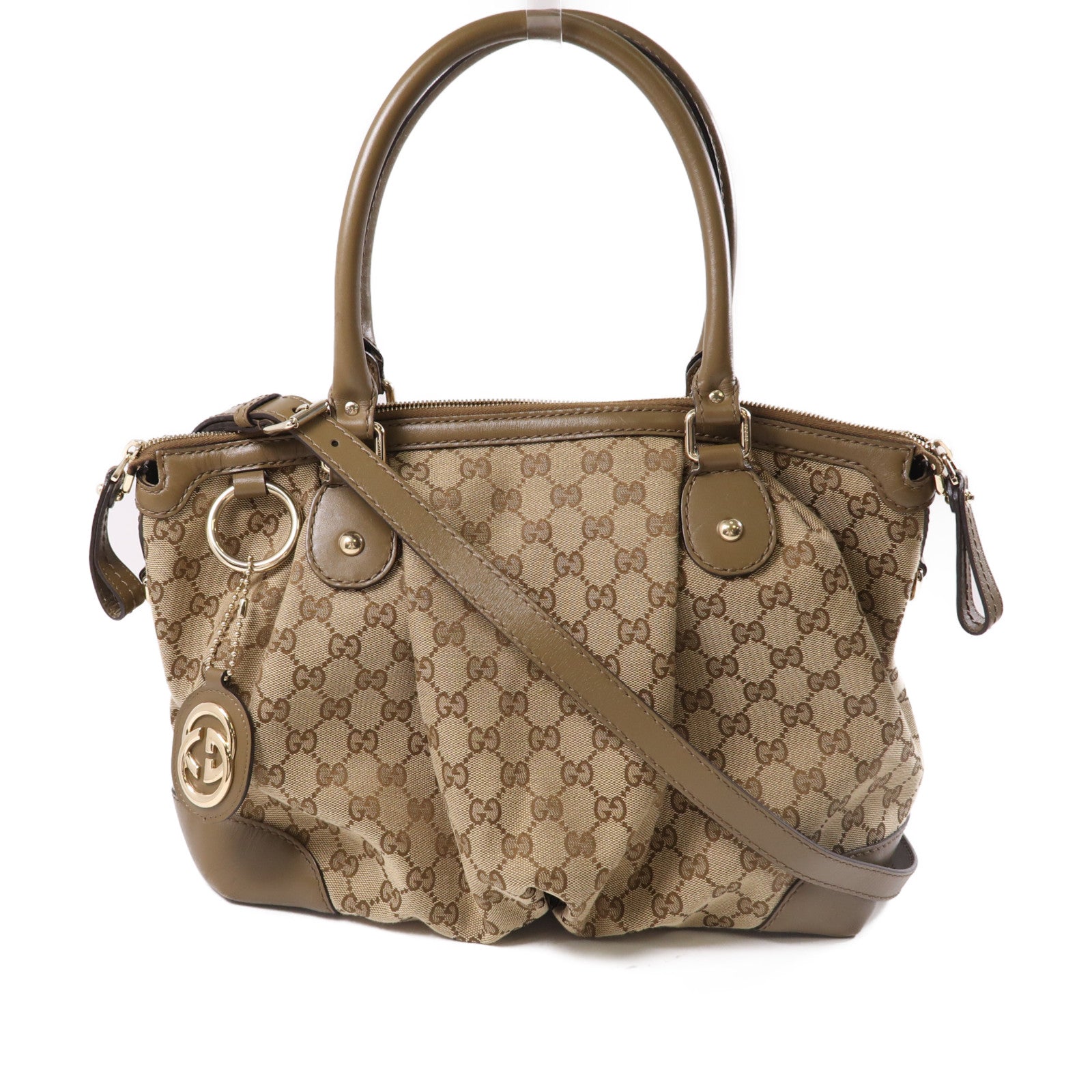 GUCCI 帆布/牛皮皮革2 Way Shoulder金扣手挽肩背兩用袋啡色