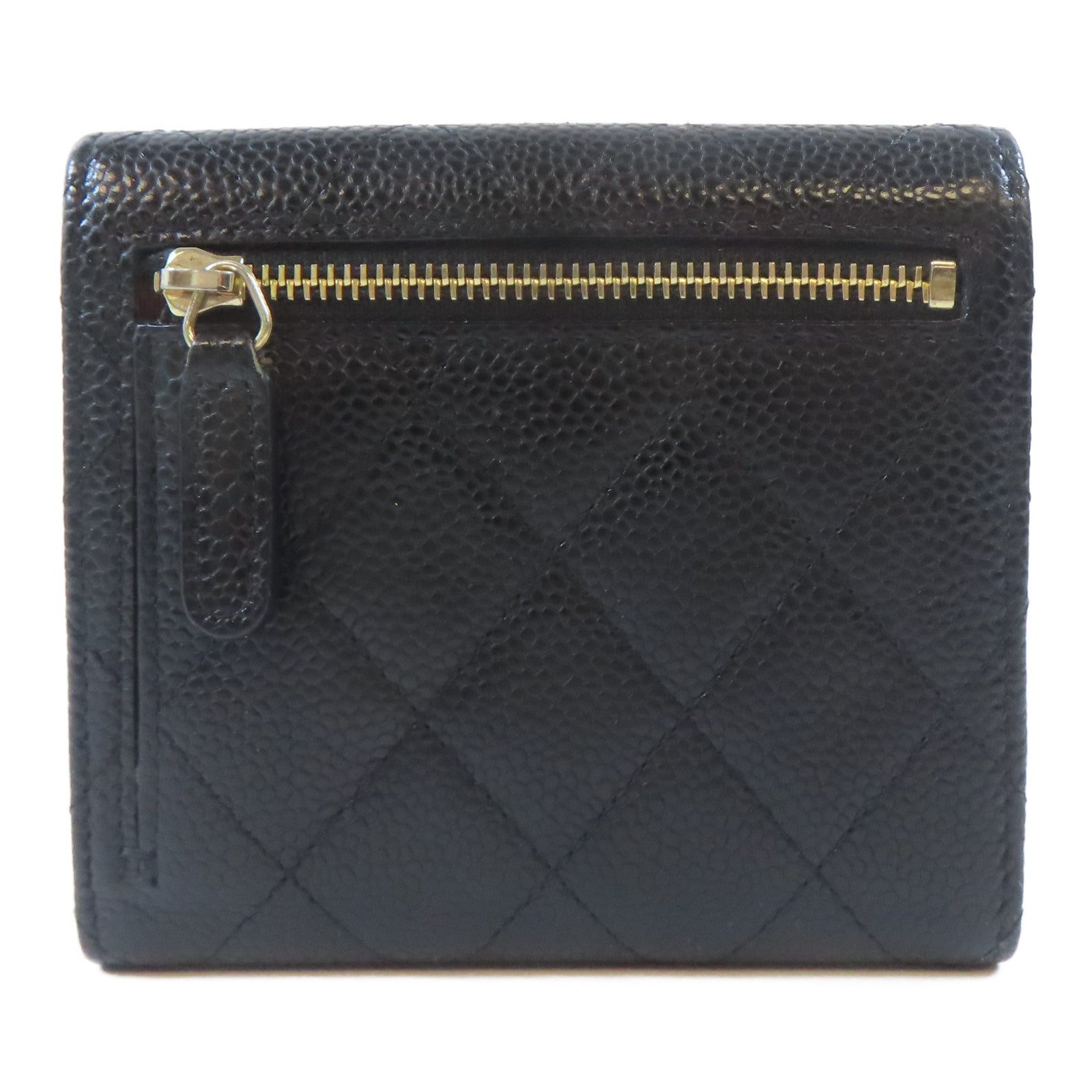 CHANEL 菱格Caviar皮革Trifold Wallet金扣錢包黑色
