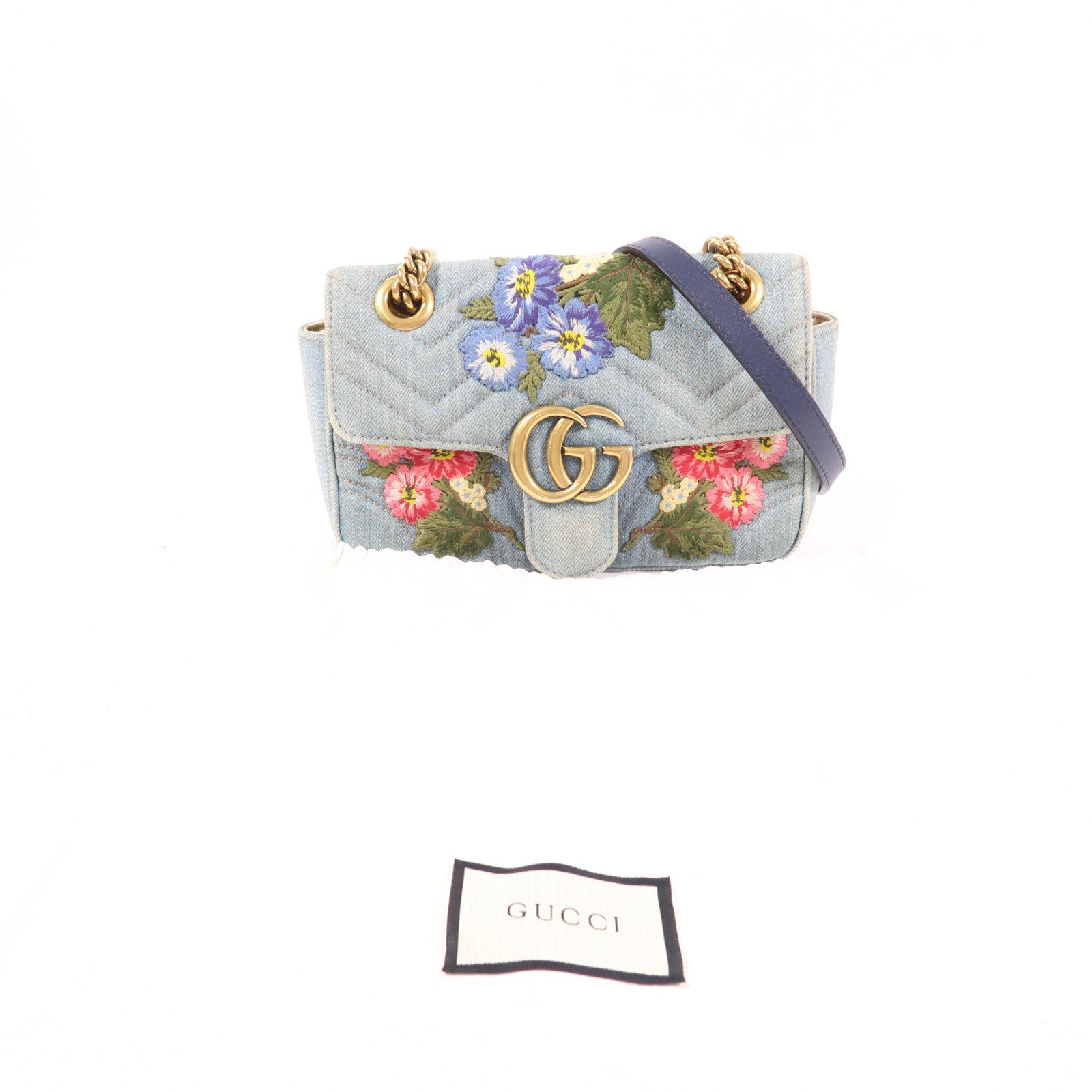 GUCCI 牛仔布Mini GG Marmont金扣鏈帶肩背袋