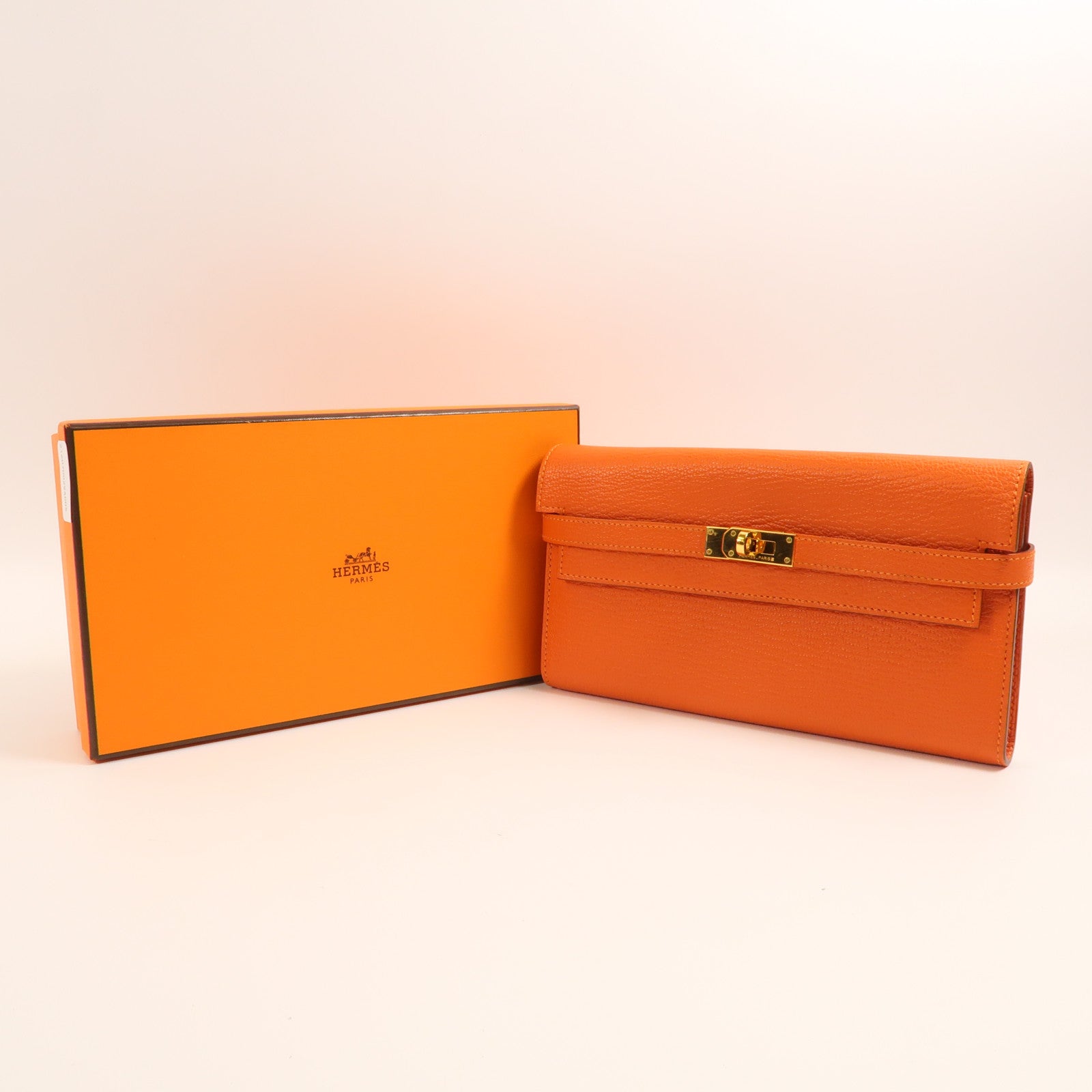 HERMES Chevre皮革Kelly Long Wallet金扣長錢包Feu