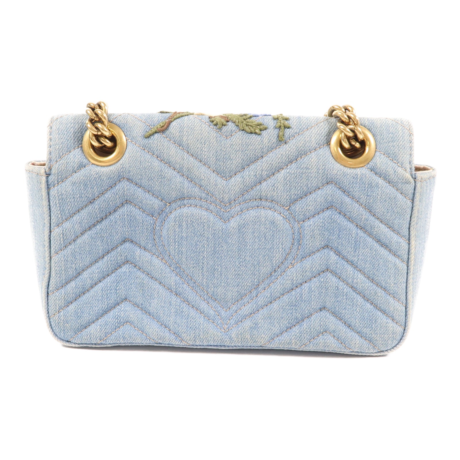 GUCCI 牛仔布Mini GG Marmont金扣鏈帶肩背袋