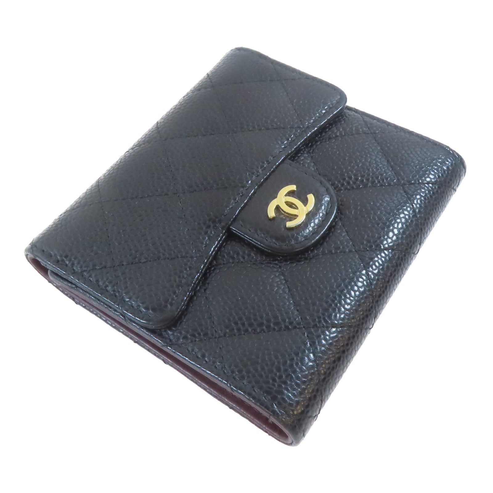 CHANEL 菱格Caviar皮革Trifold Wallet金扣錢包黑色