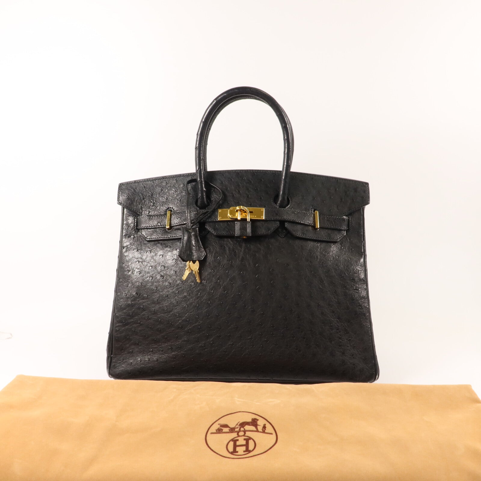 HERMES 鴕鳥皮革Birkin 35手挽袋Noir