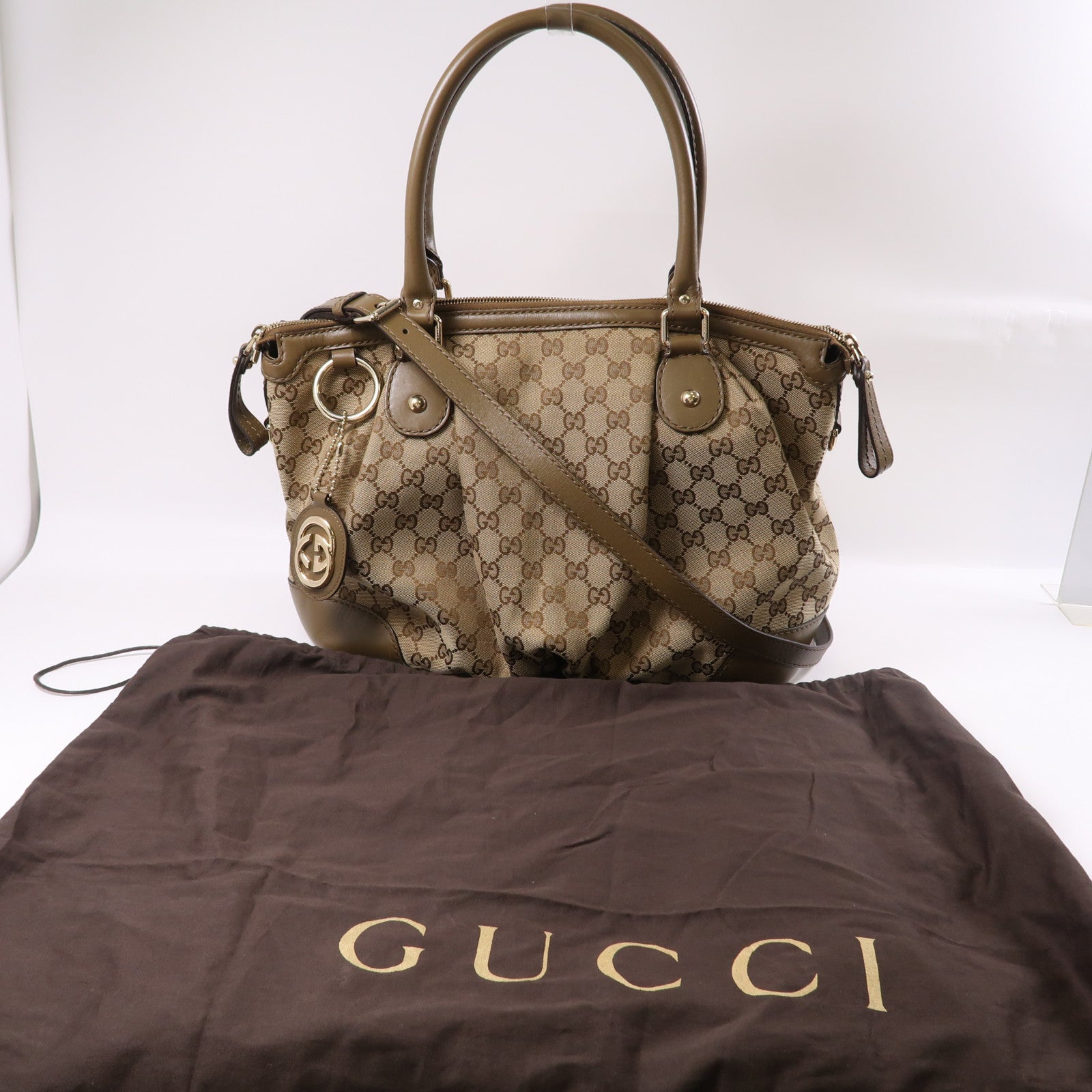 GUCCI 帆布/牛皮皮革2 Way Shoulder金扣手挽肩背兩用袋啡色