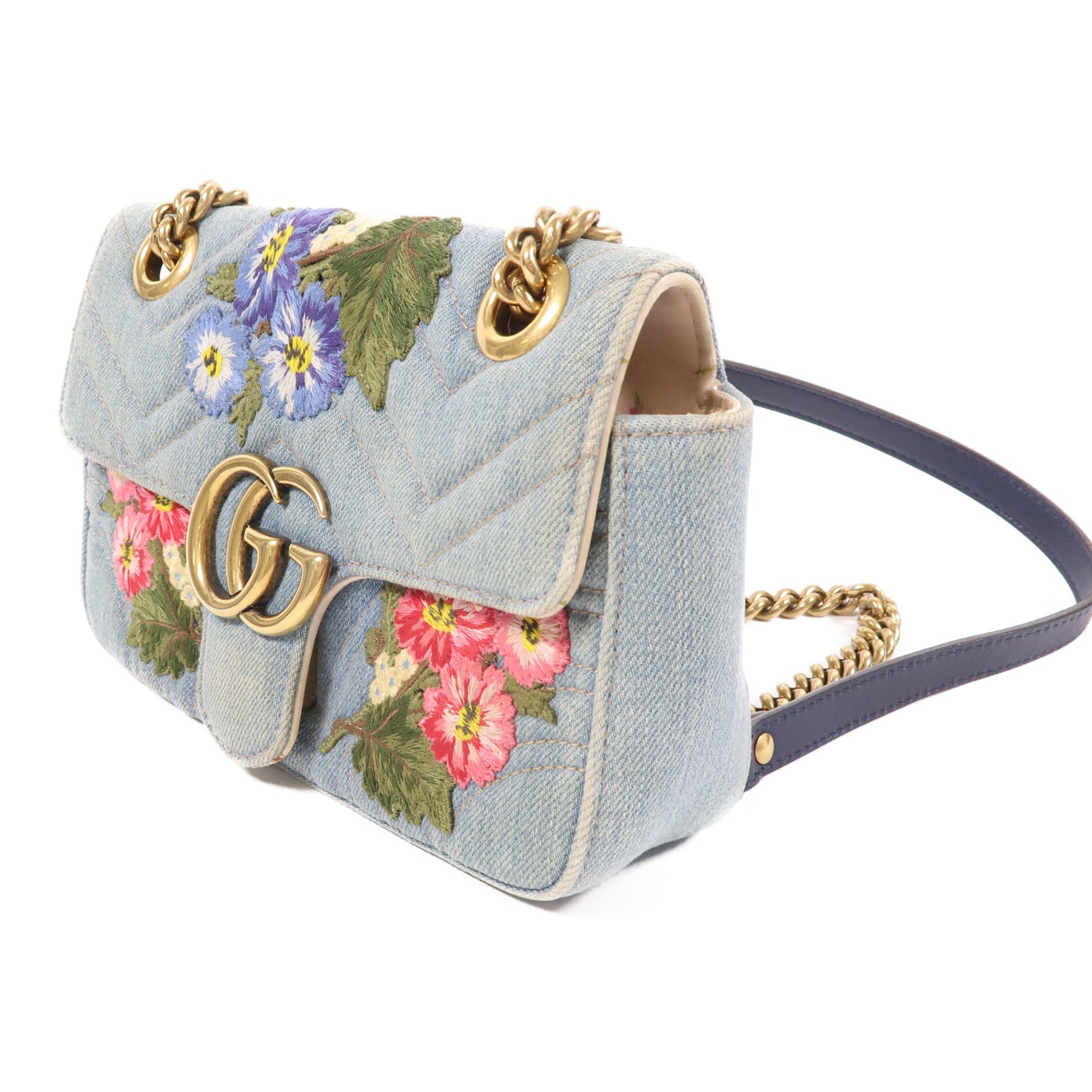 GUCCI 牛仔布Mini GG Marmont金扣鏈帶肩背袋