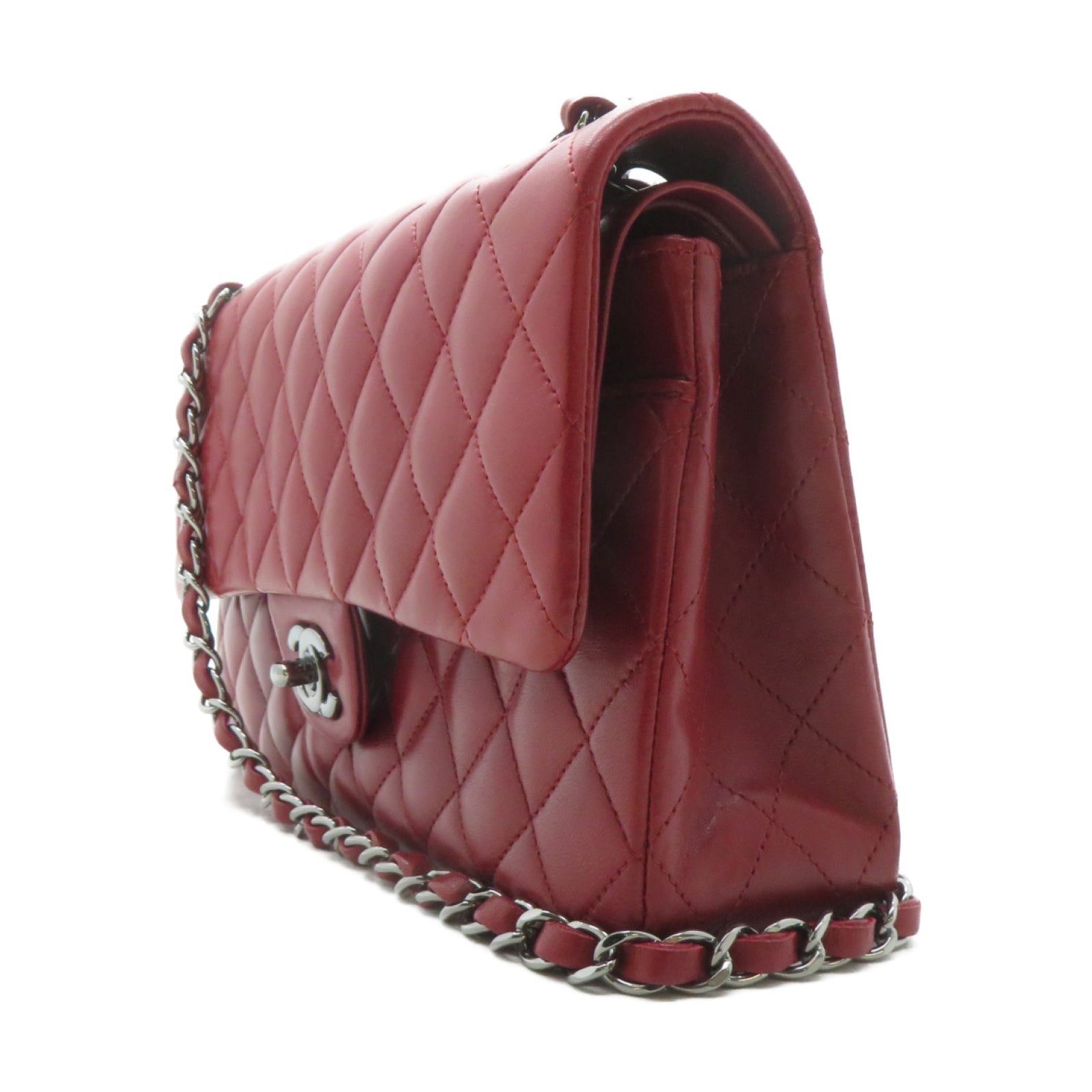 CHANEL **【激減優惠】菱格羊皮皮革Chain Shoulder銀扣鏈帶肩背袋紅色