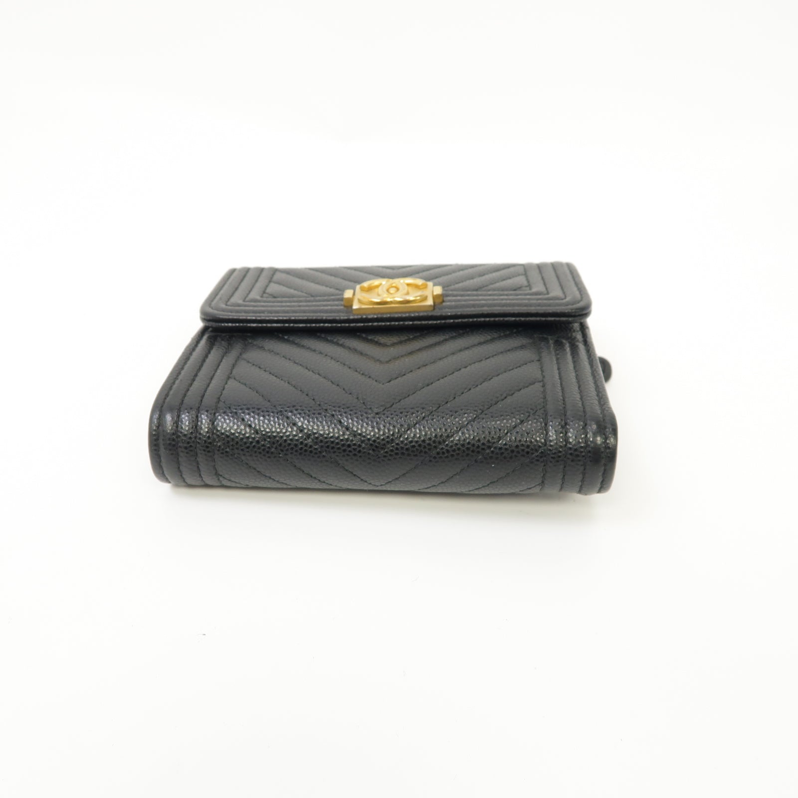 CHANEL 斜紋Caviar皮革Boy Wallet金扣折叠钱包黑色
