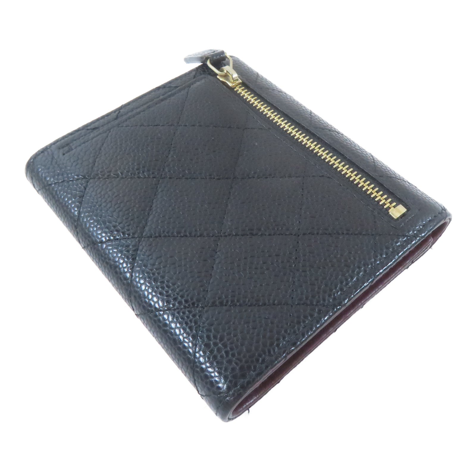 CHANEL 菱格Caviar皮革Trifold Wallet金扣錢包黑色