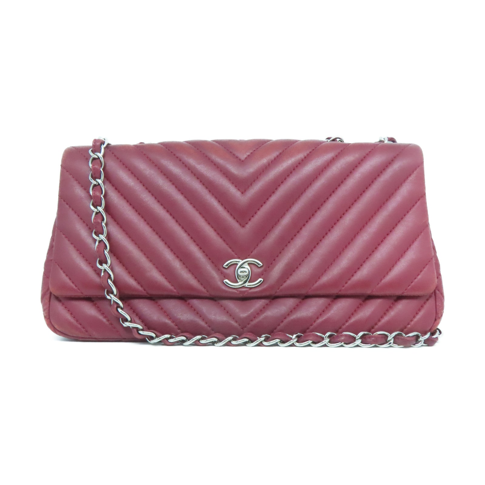 CHANEL 【激減優惠】斜紋牛皮皮革Chain Shoulder銀扣鏈帶肩背袋紅色