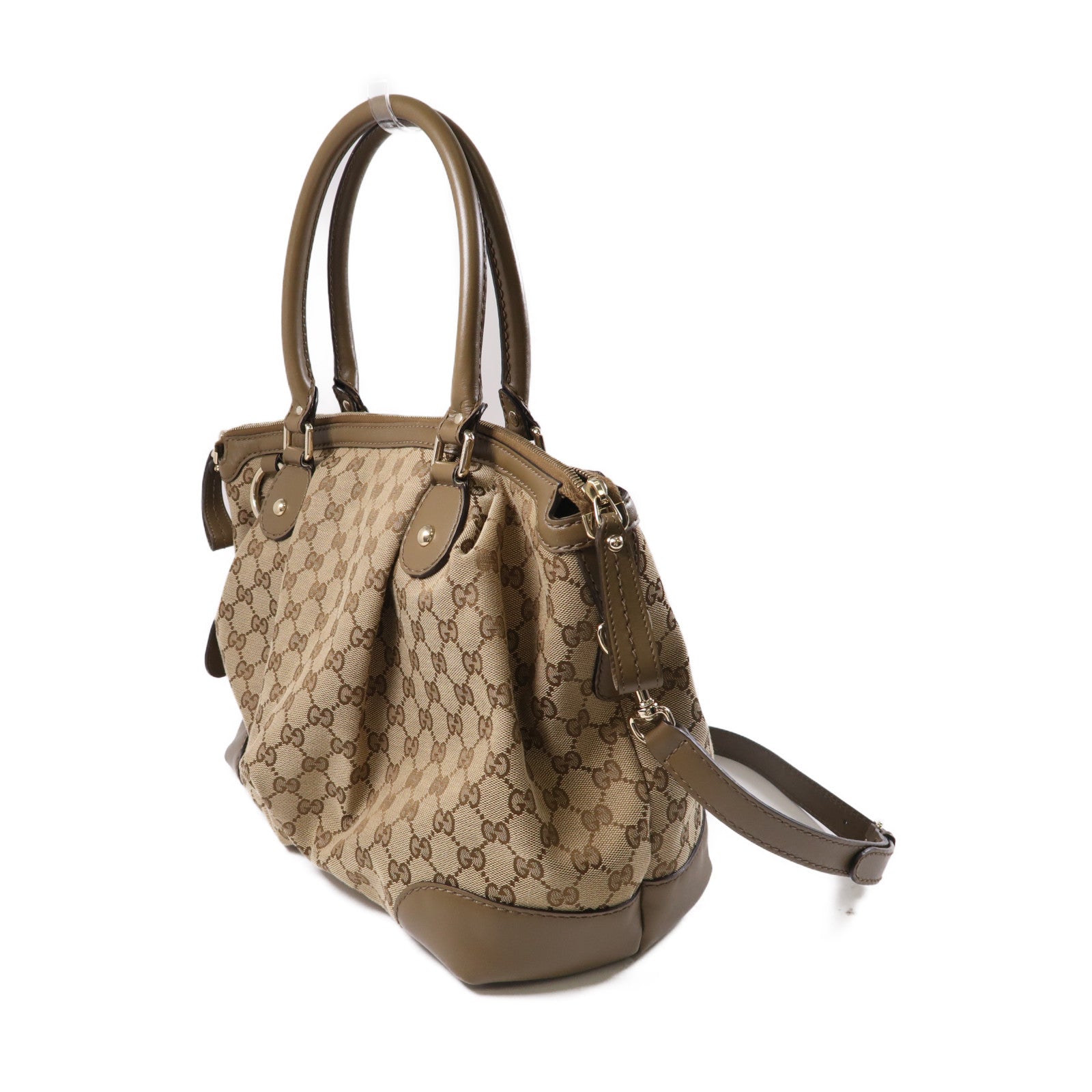 GUCCI 帆布/牛皮皮革2 Way Shoulder金扣手挽肩背兩用袋啡色