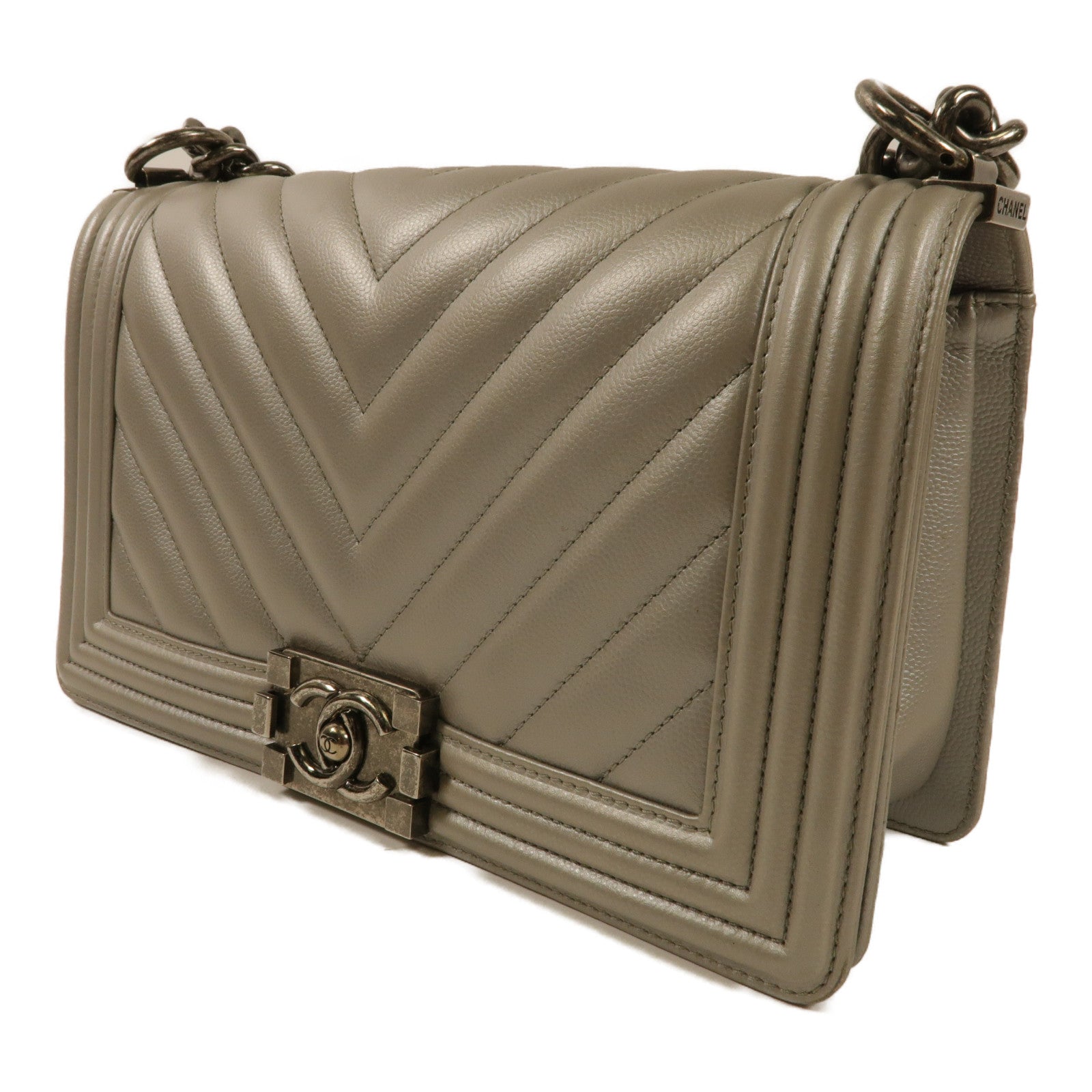 CHANEL CC Boy 25 Chain Shoulder Handbag A67086 Calfskin Leather Gray