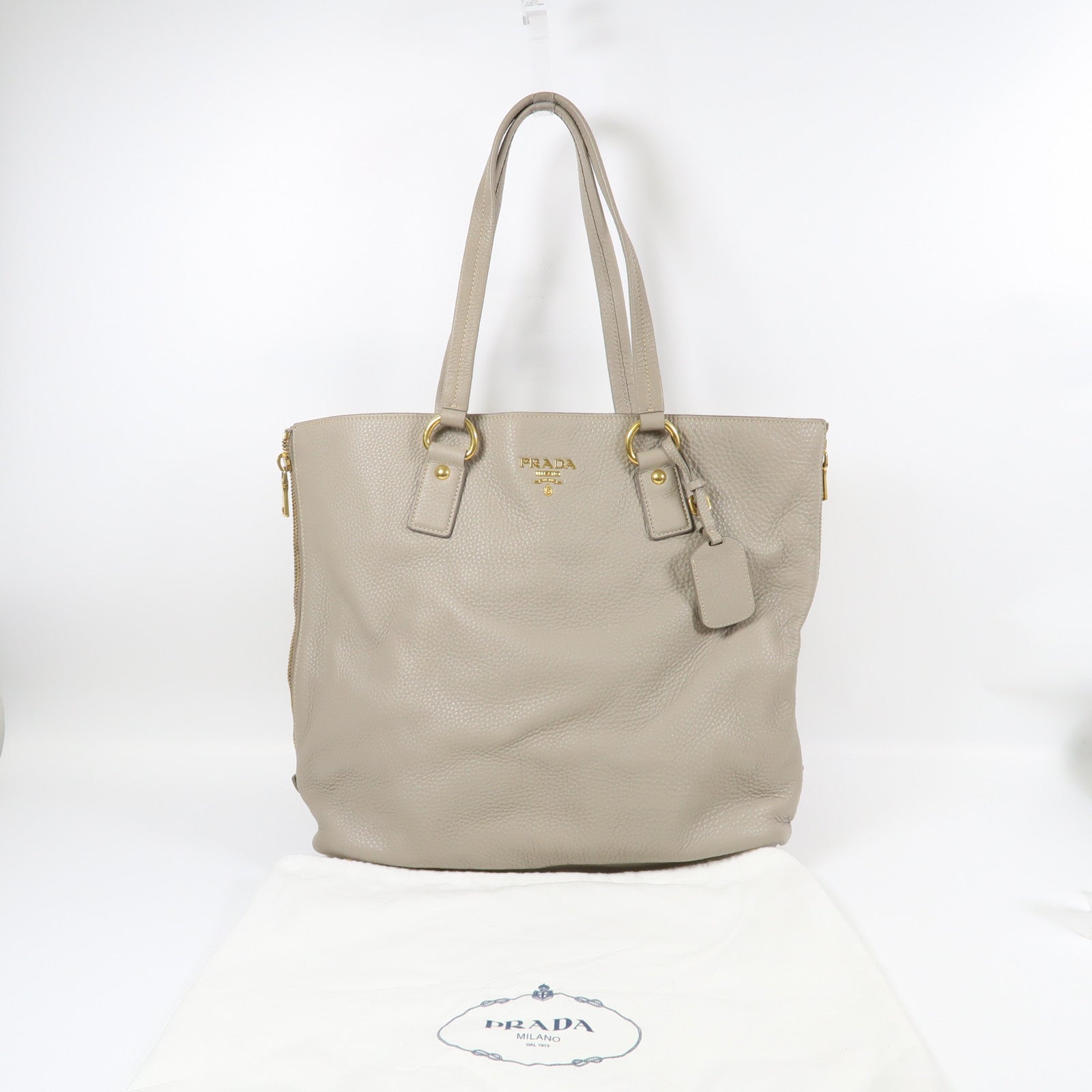 PRADA 牛皮皮革Shoulder Tote金扣肩背袋灰色