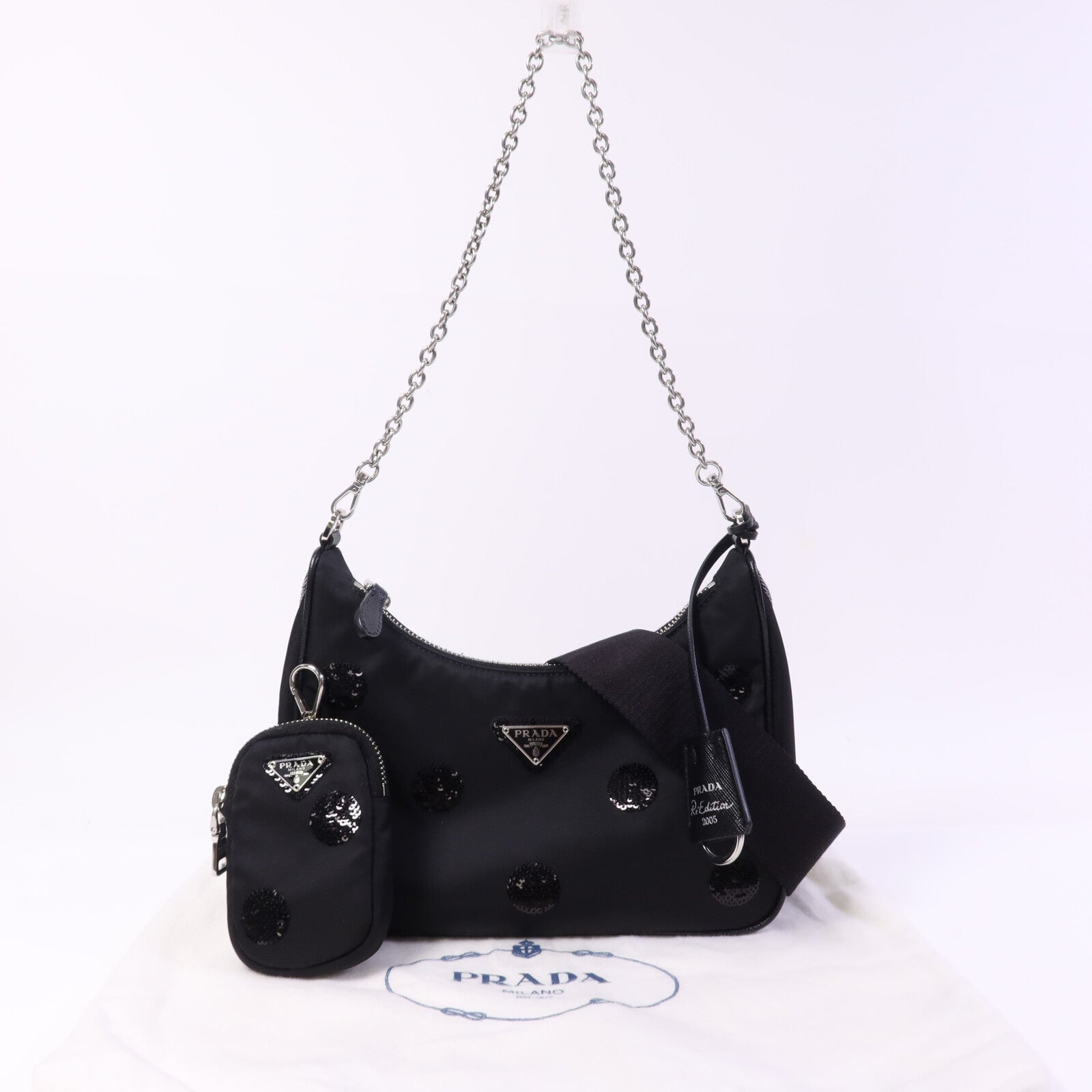 PRADA 尼龍/珠片Re-Edition 2005銀扣手挽肩背兩用袋