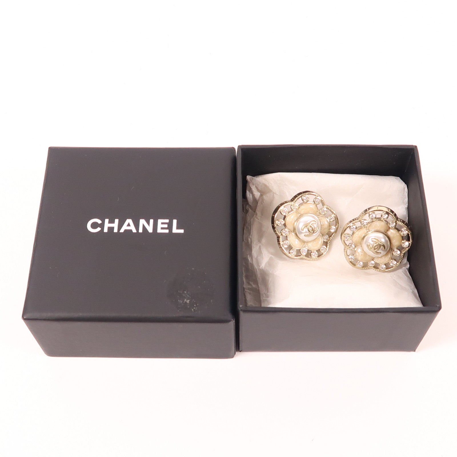 CHANEL CC Pierced Earring Metal Crystal PVC Gold White