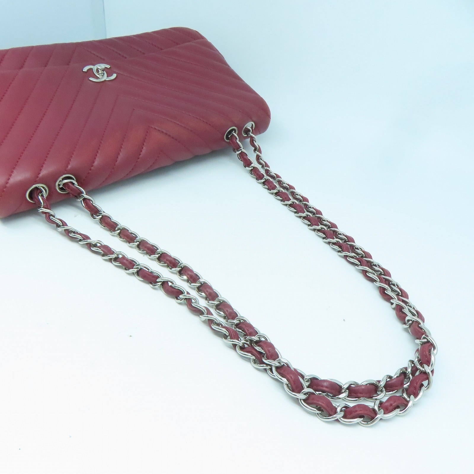 CHANEL 【激減優惠】斜紋牛皮皮革Chain Shoulder銀扣鏈帶肩背袋紅色