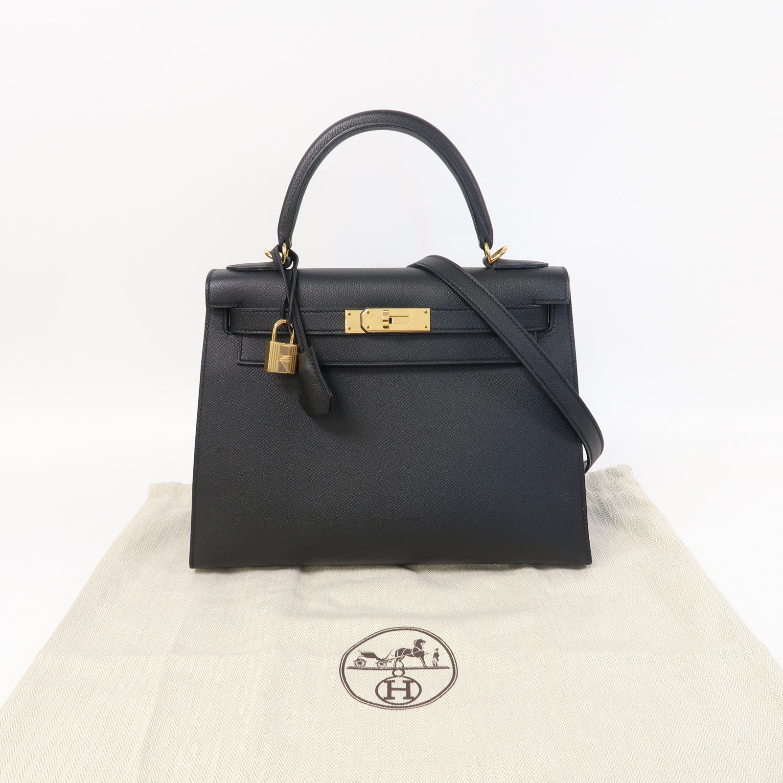 HERMES Epsom皮革Kelly 28金扣手挽肩背兩用袋Noir/黑色