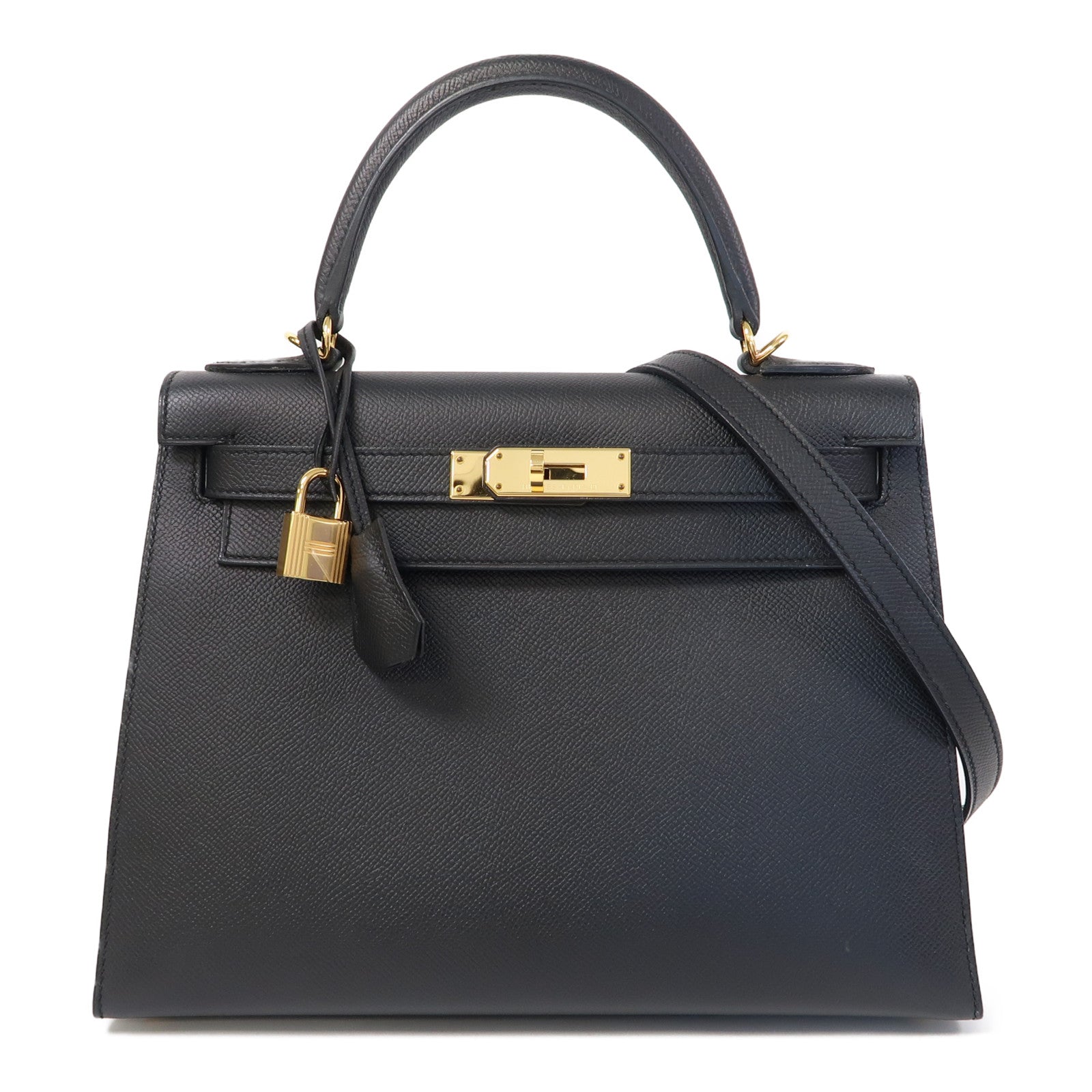 HERMES Epsom皮革Kelly 28金扣手挽肩背兩用袋Noir/黑色