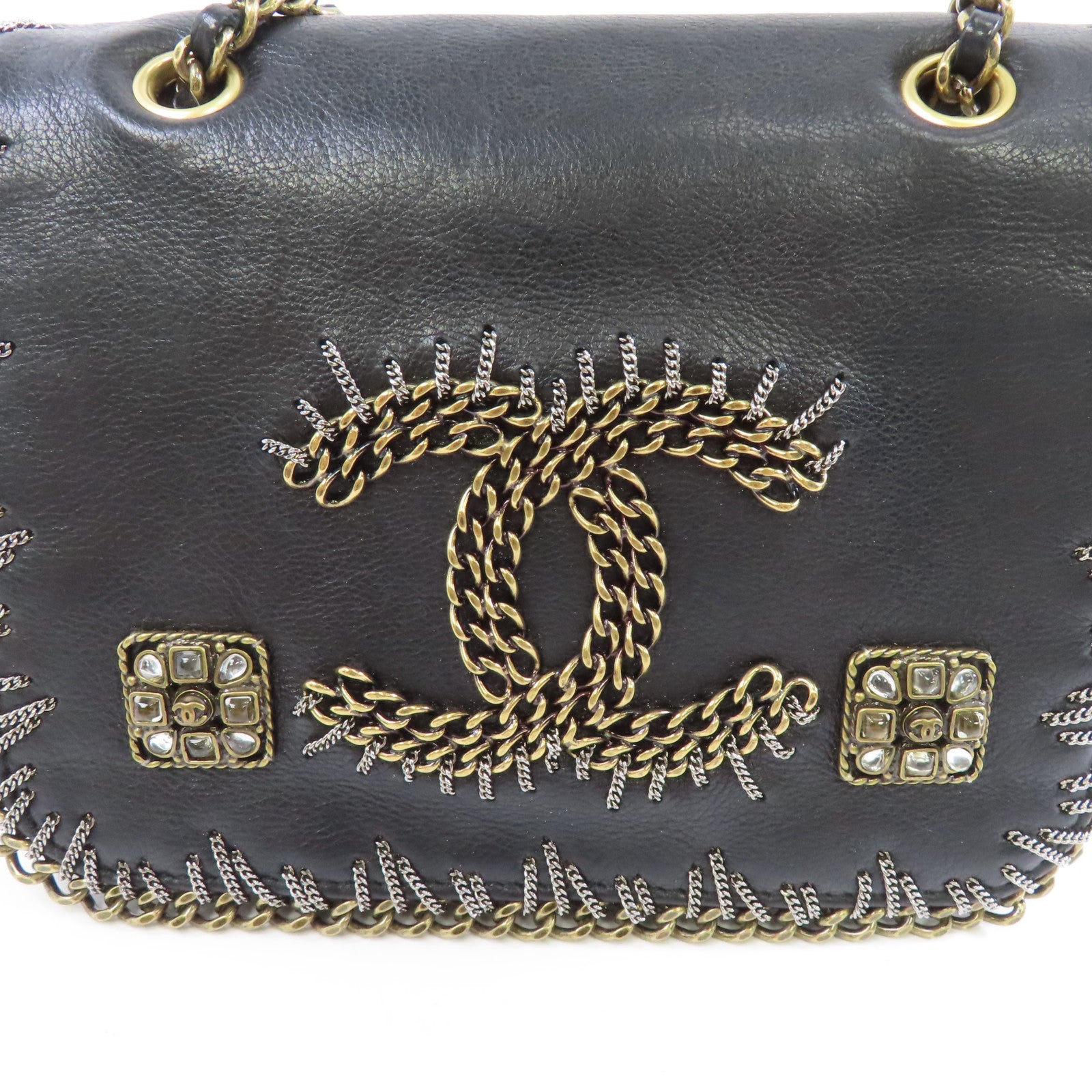 CHANEL 牛皮皮革Chain Shoulder金扣肩背袋黑色
