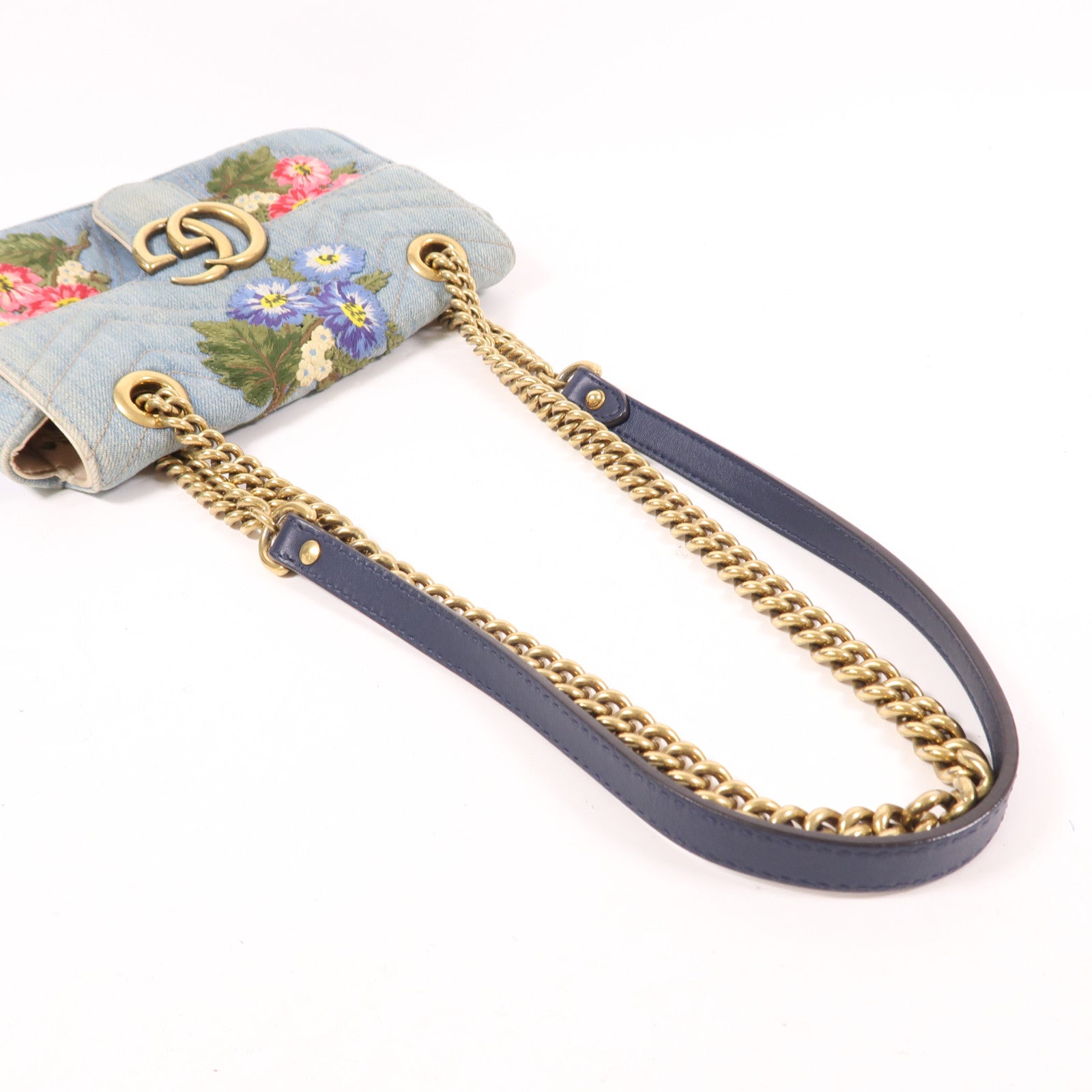 GUCCI 牛仔布Mini GG Marmont金扣鏈帶肩背袋