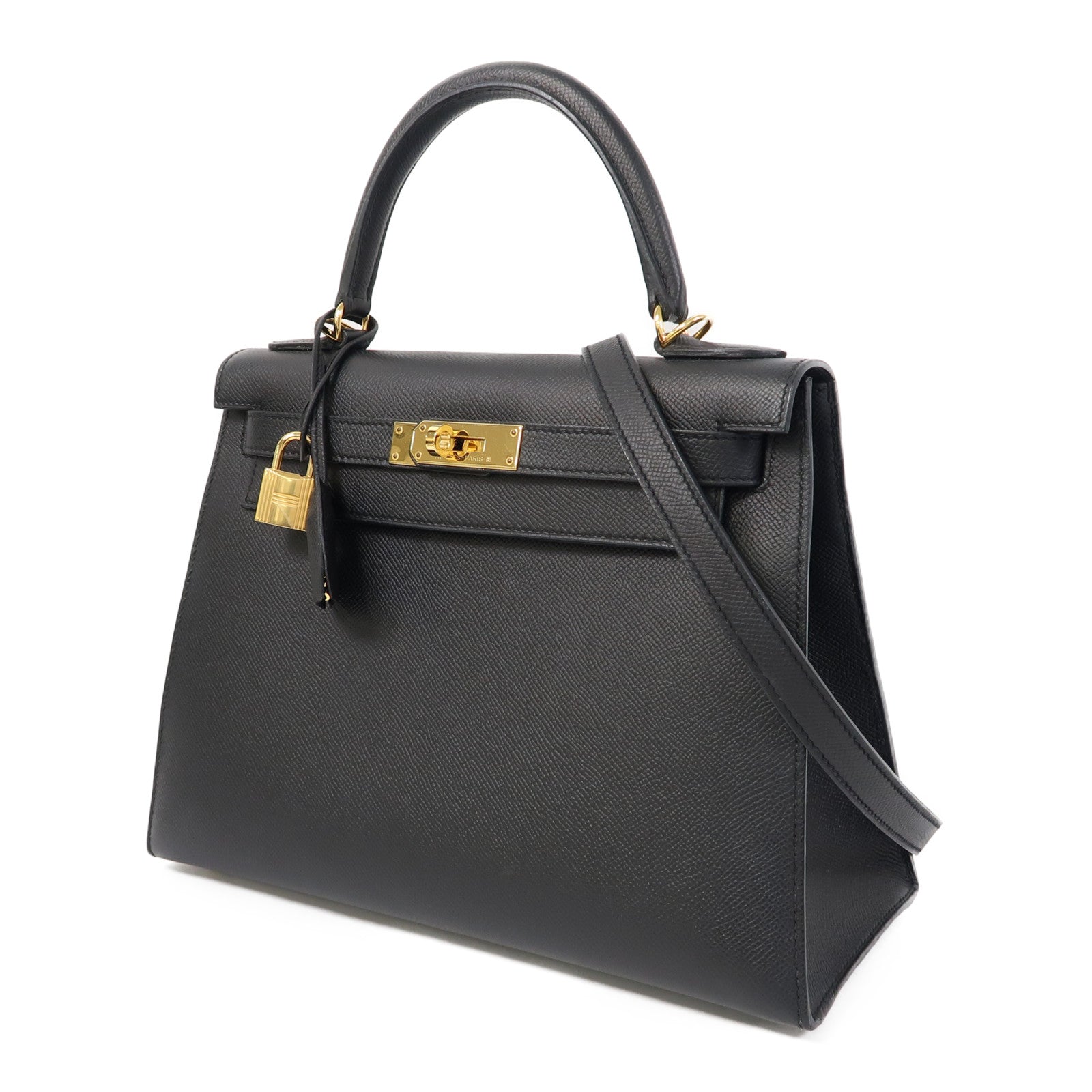 HERMES Epsom皮革Kelly 28金扣手挽肩背兩用袋Noir/黑色