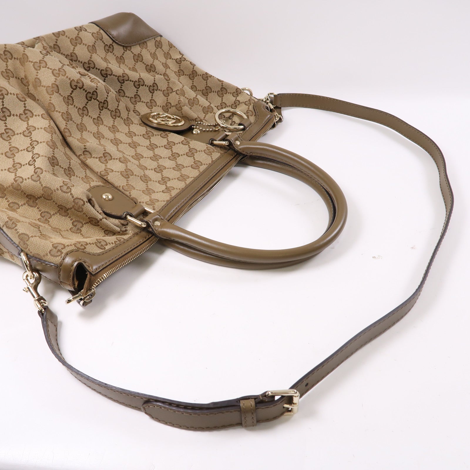 GUCCI 帆布/牛皮皮革2 Way Shoulder金扣手挽肩背兩用袋啡色