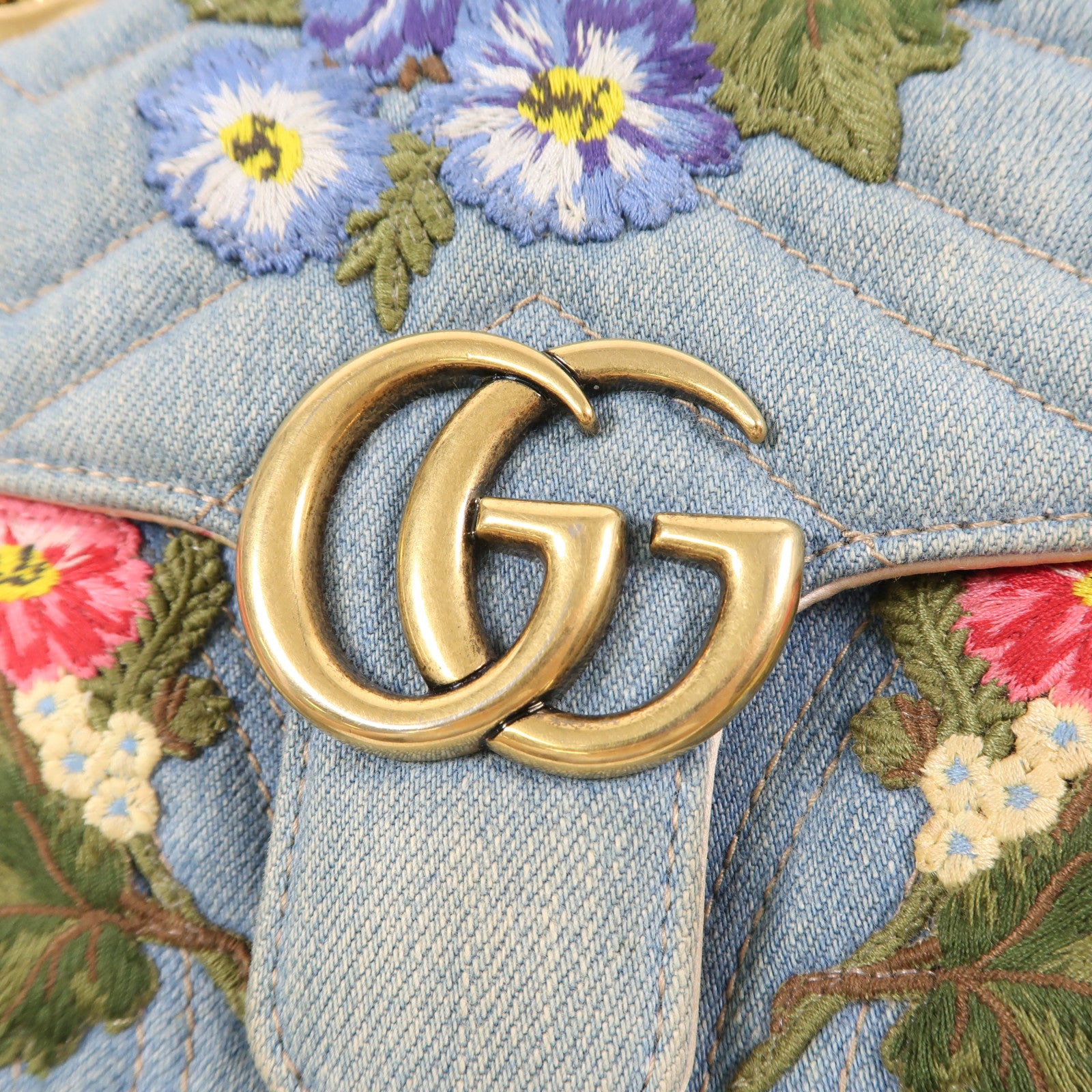 GUCCI 牛仔布Mini GG Marmont金扣鏈帶肩背袋